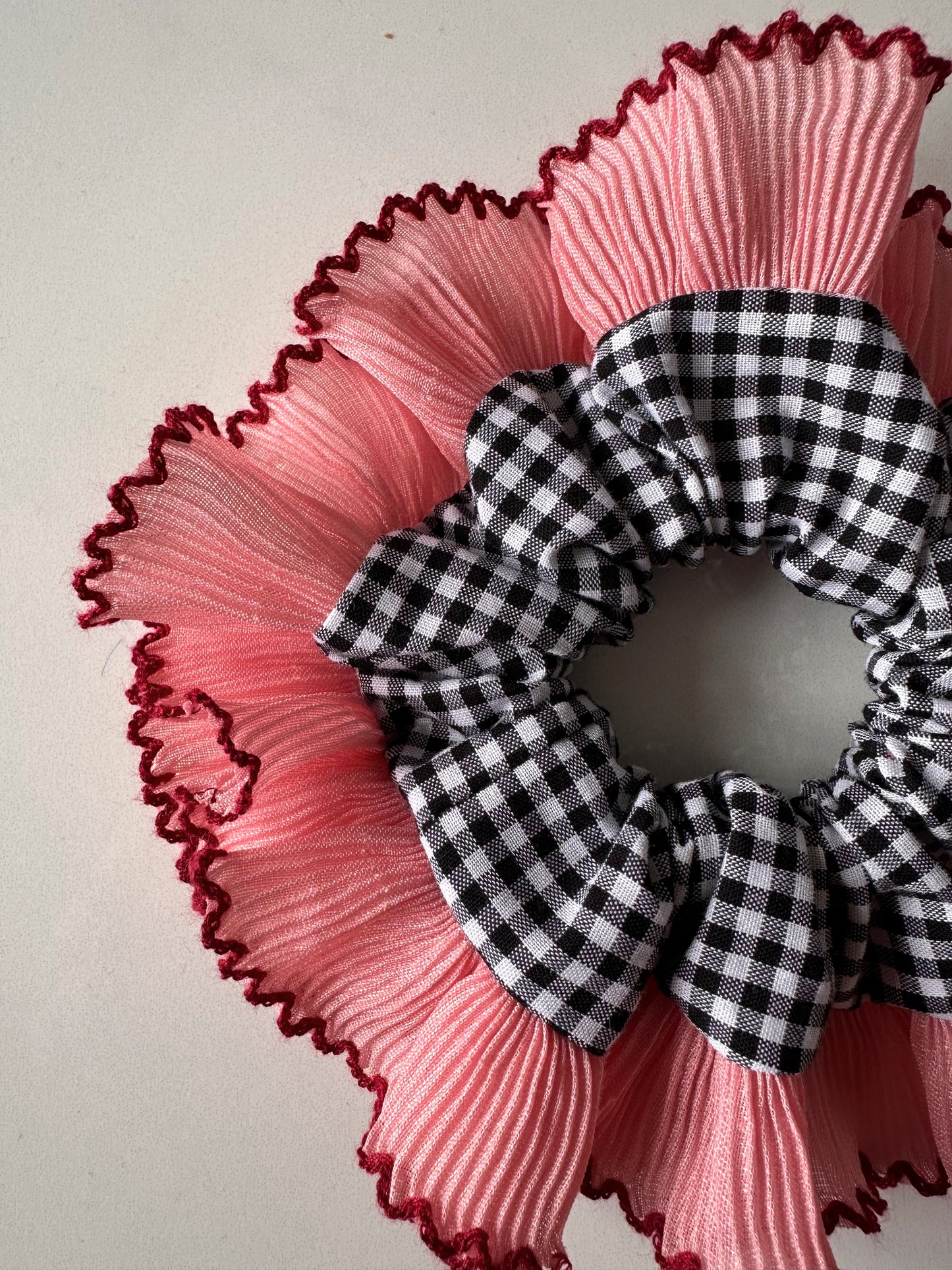 Mini Oversized Black Gingham Scrunchie with Pink Frill Trim