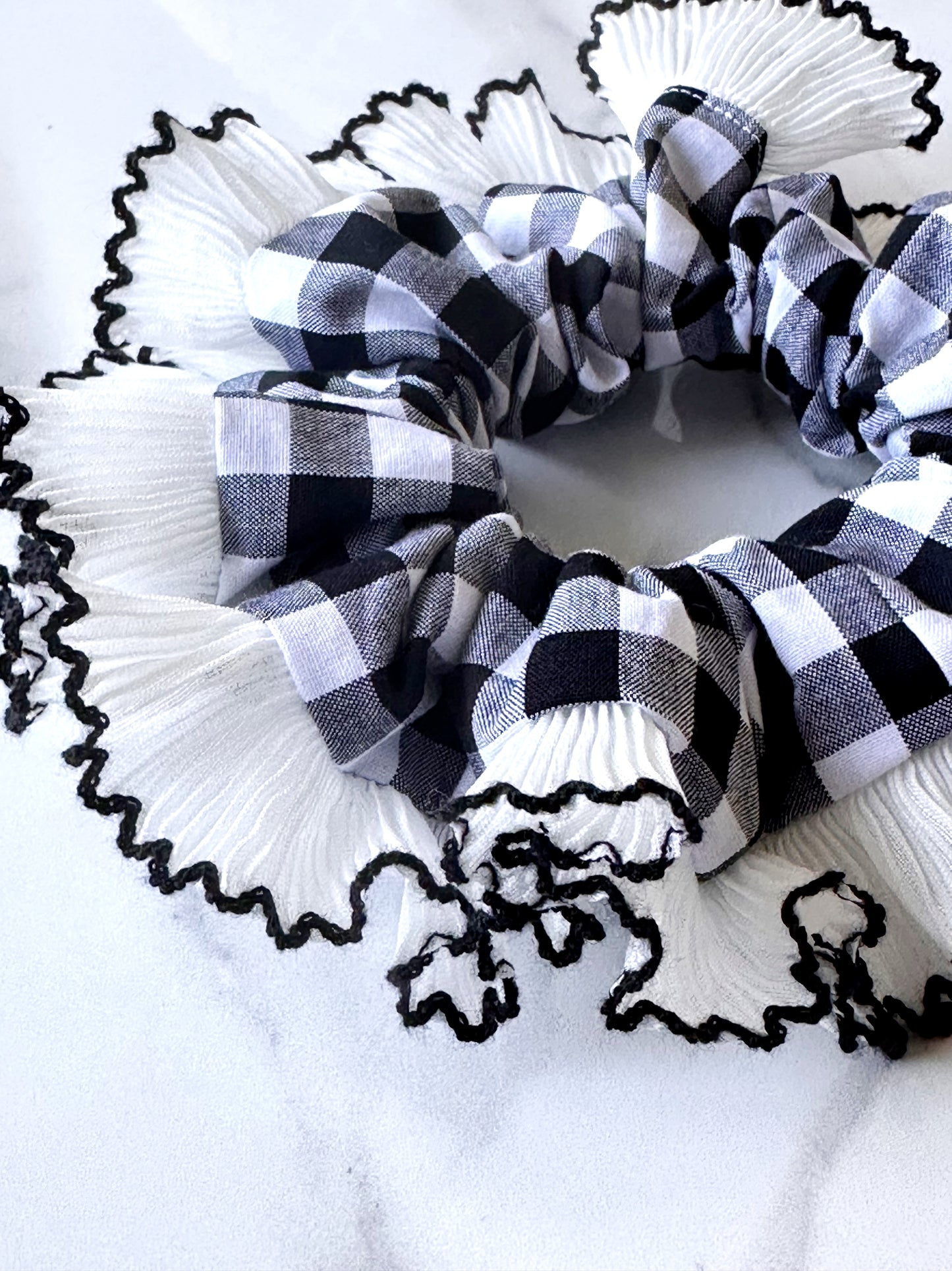 Black Gingham Scrunchie with White and Black Frill Trim