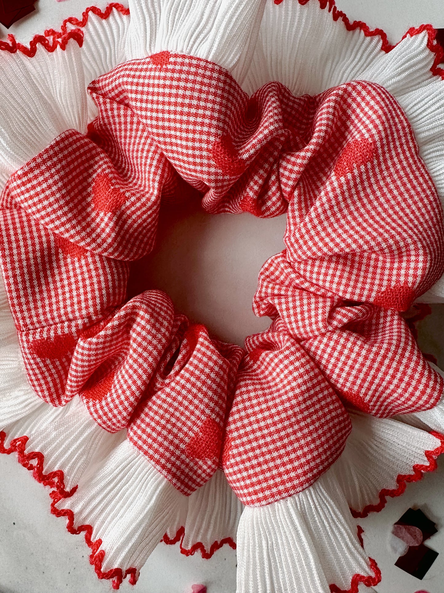 XL Valentines Gingham Scrunchie with White and Red Frill Trim
