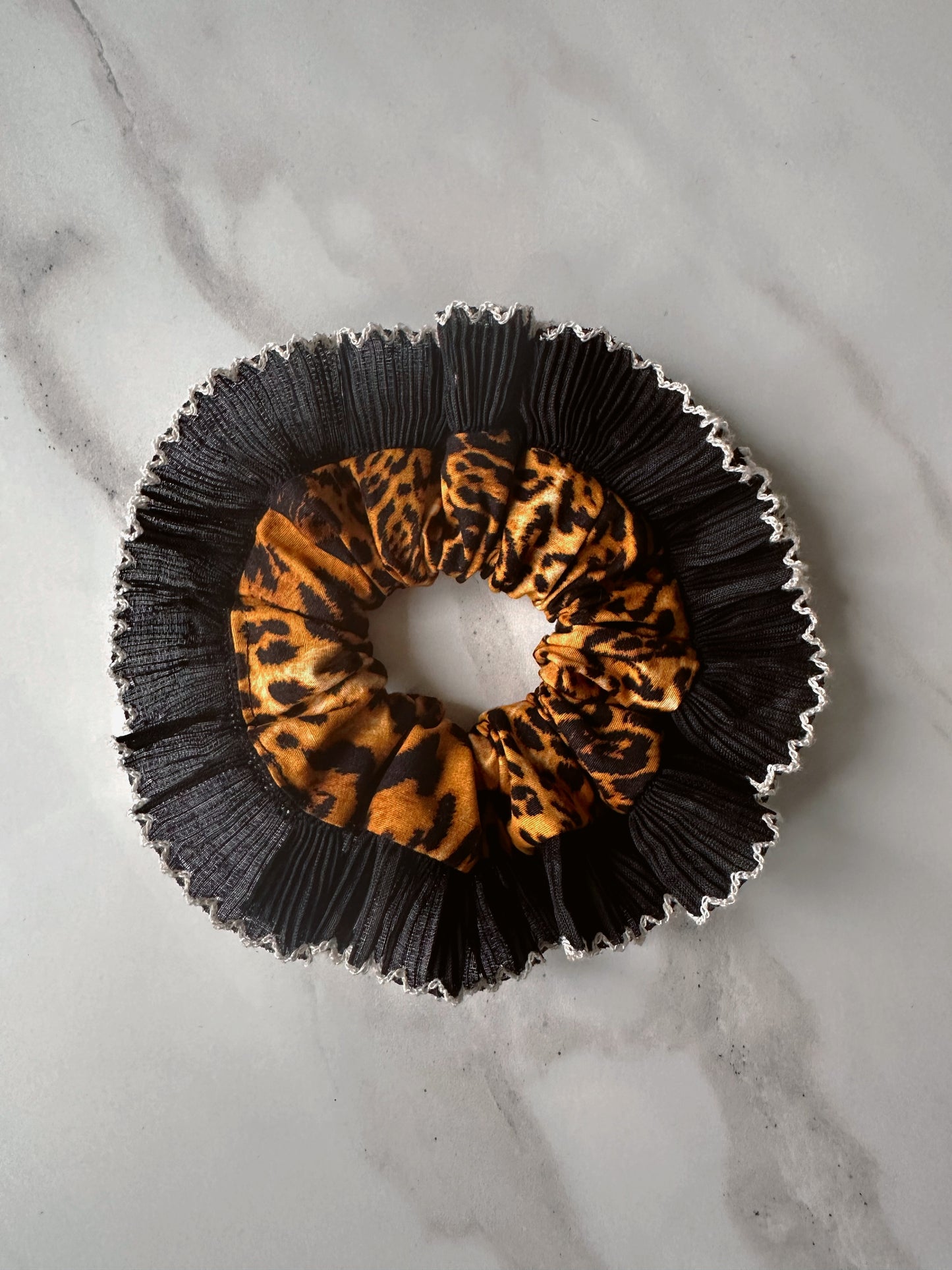 Mini Oversized Leopard Print Scrunchie with a Black Frill Trim