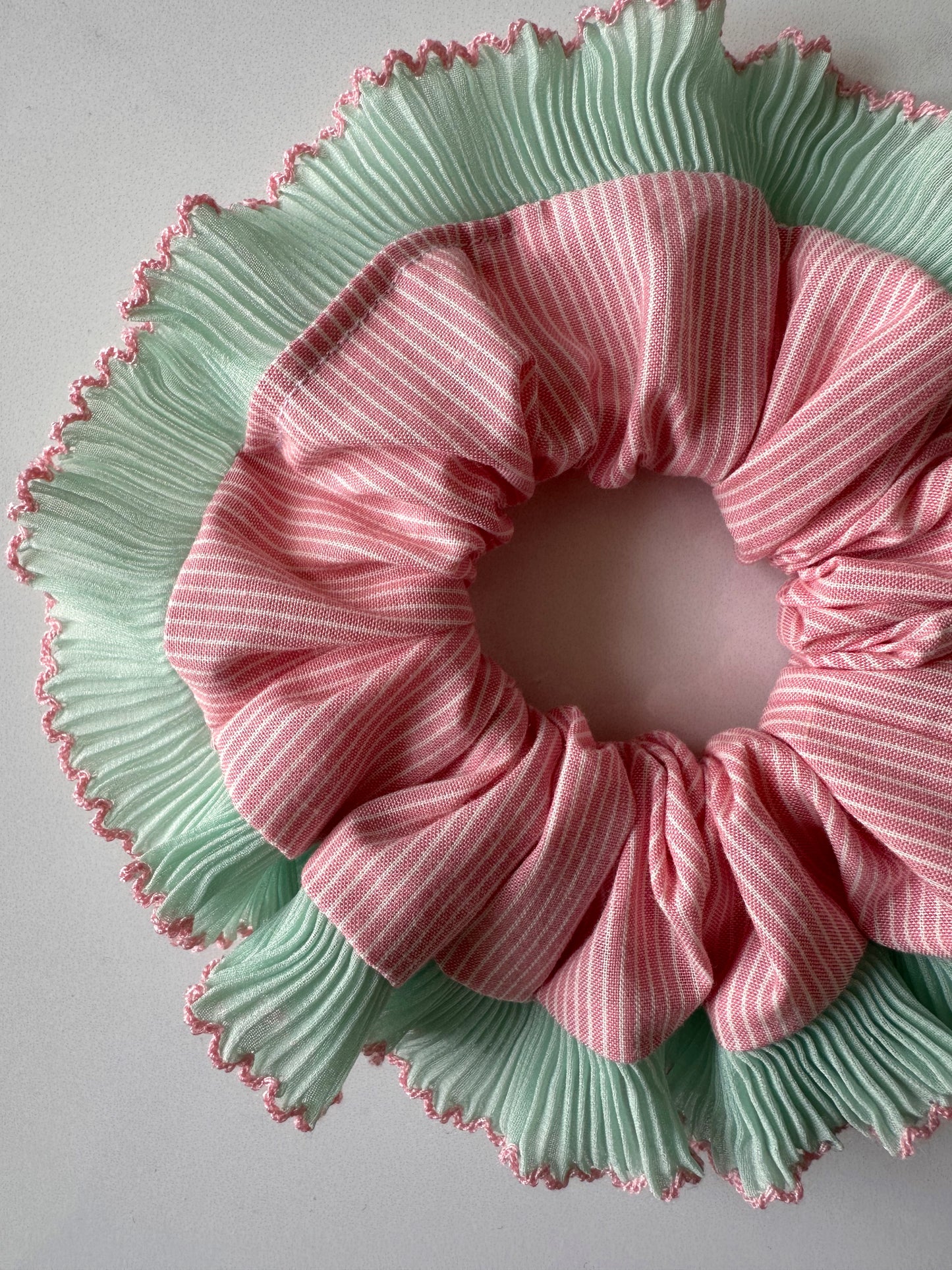 Pink Striped Scrunchie with Green and Pink Frill Trim