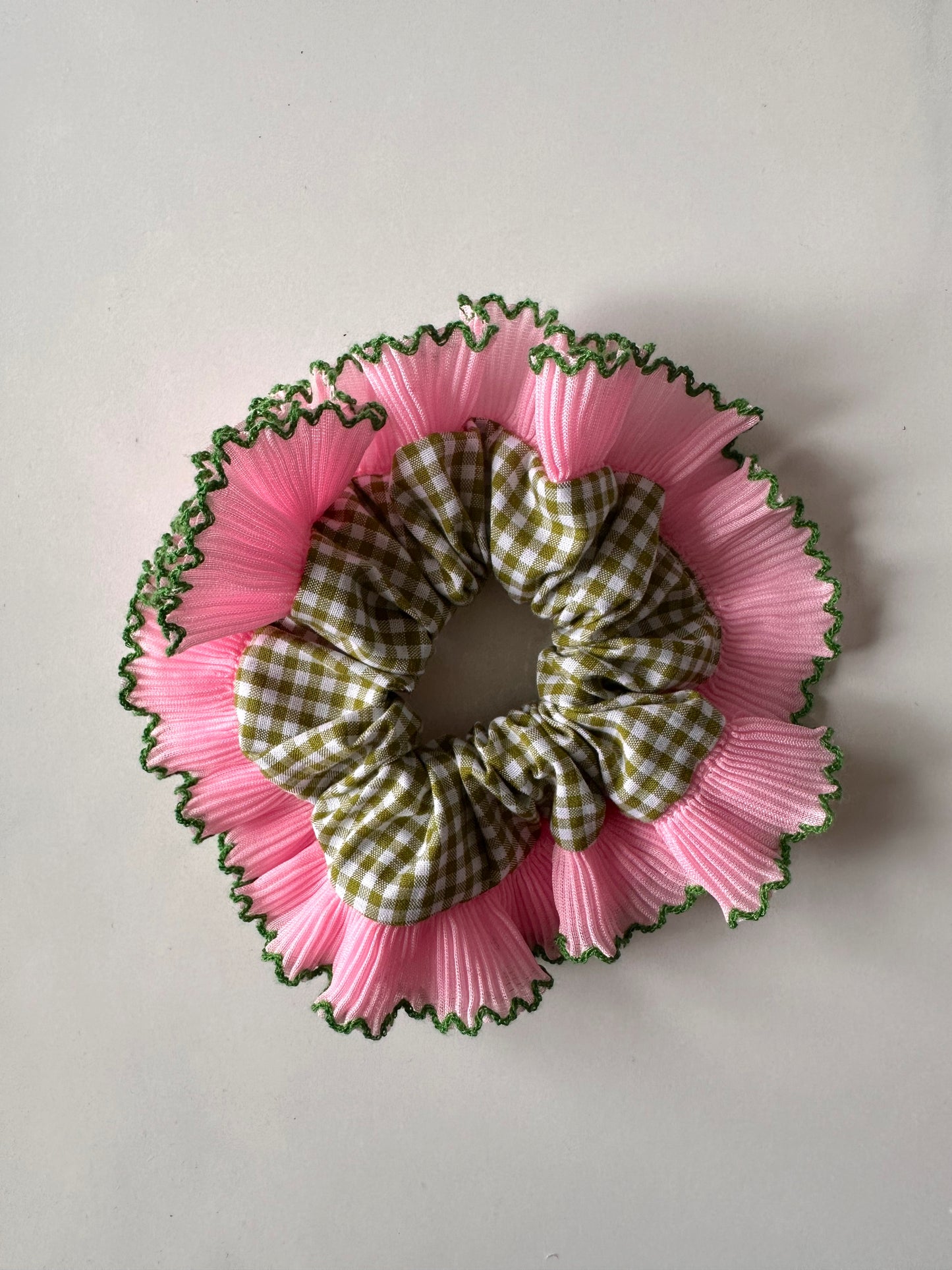 Mini Oversized Olive Green Gingham Scrunchie with Light Pink Frill Trim