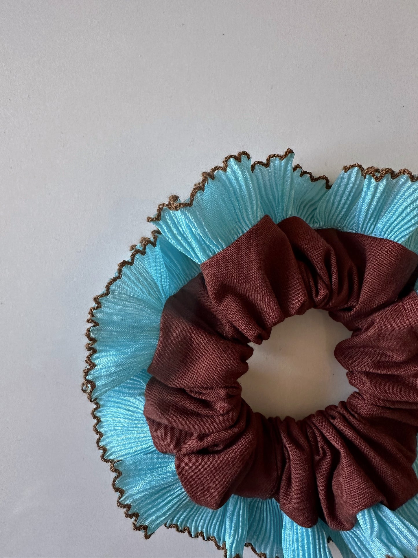 Handmade XL Chocolate Brown Scrunchie with Blue and Brown Frill Trim