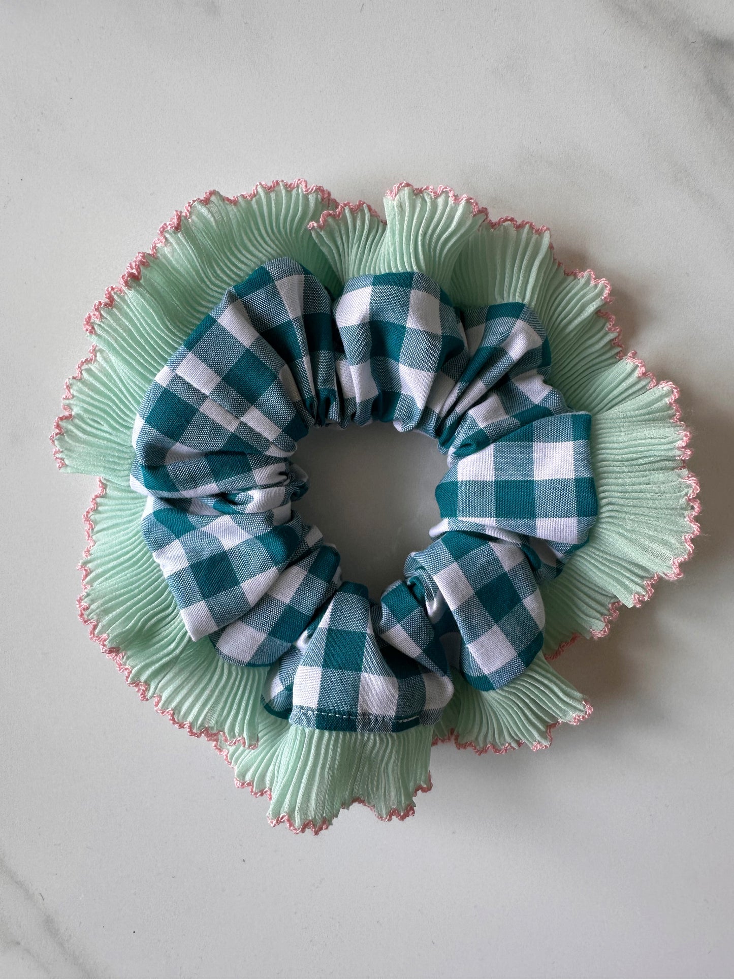 Teal Blue Gingham with Green and Pink Frill Trim