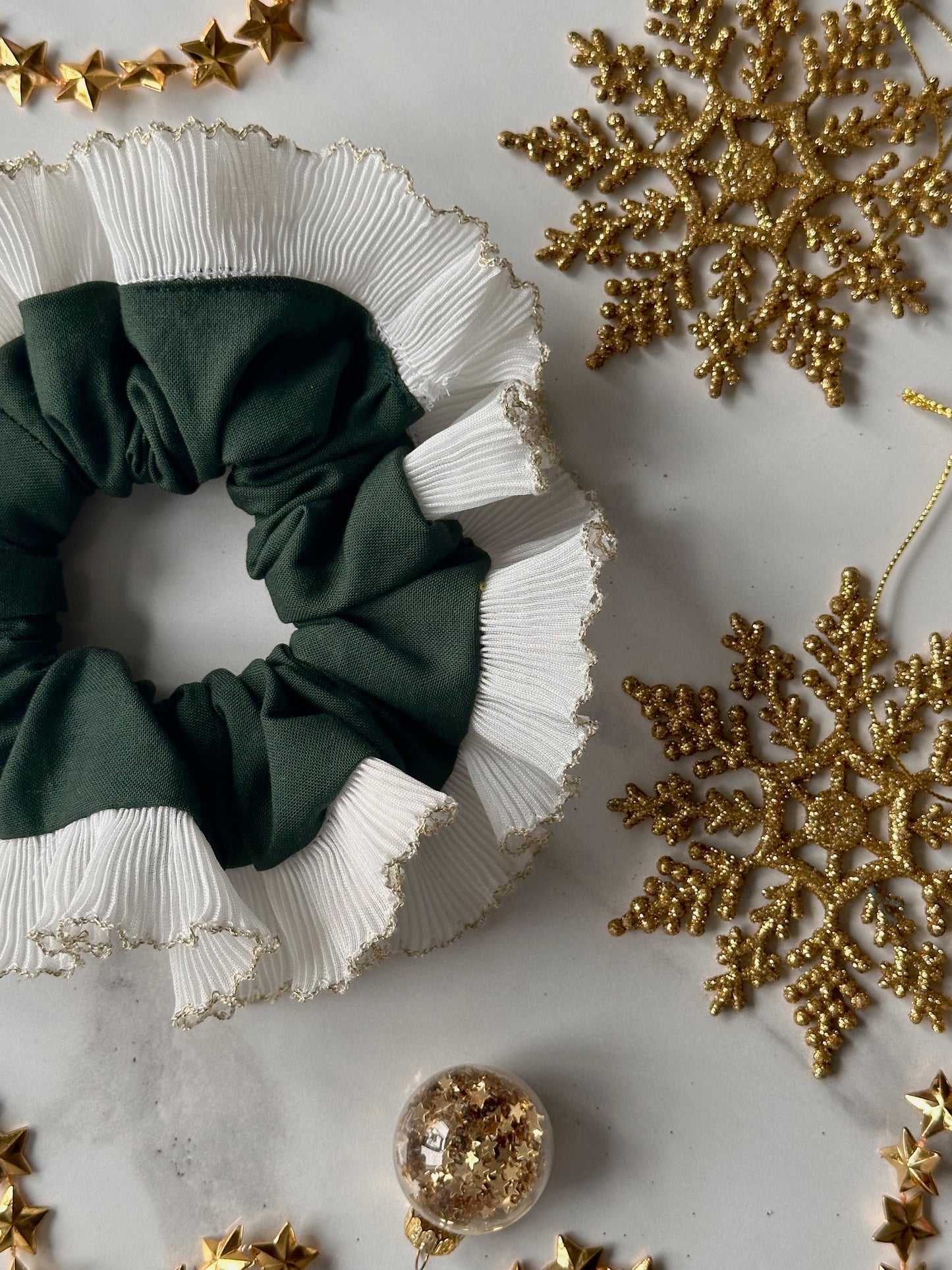 Forest Green Scrunchie with White and Gold Frill Trim