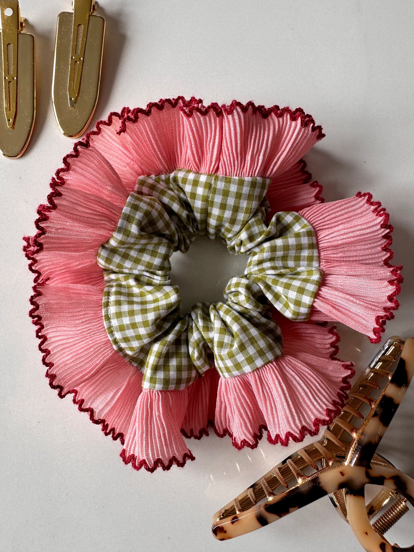 Mini Oversized Olive Green Gingham Scrunchie with Pink Frill Trim