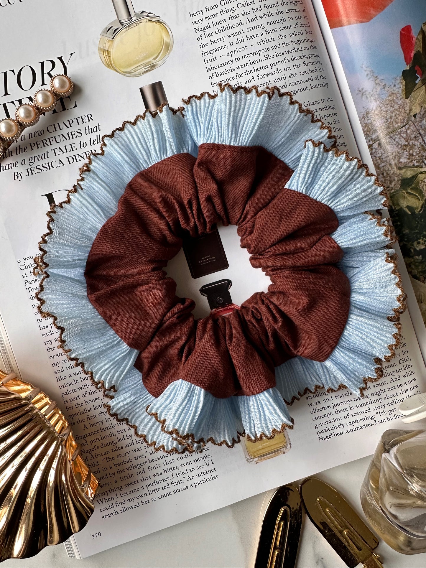 XL Chocolate Brown Scrunchie with Baby Blue Frill Trim