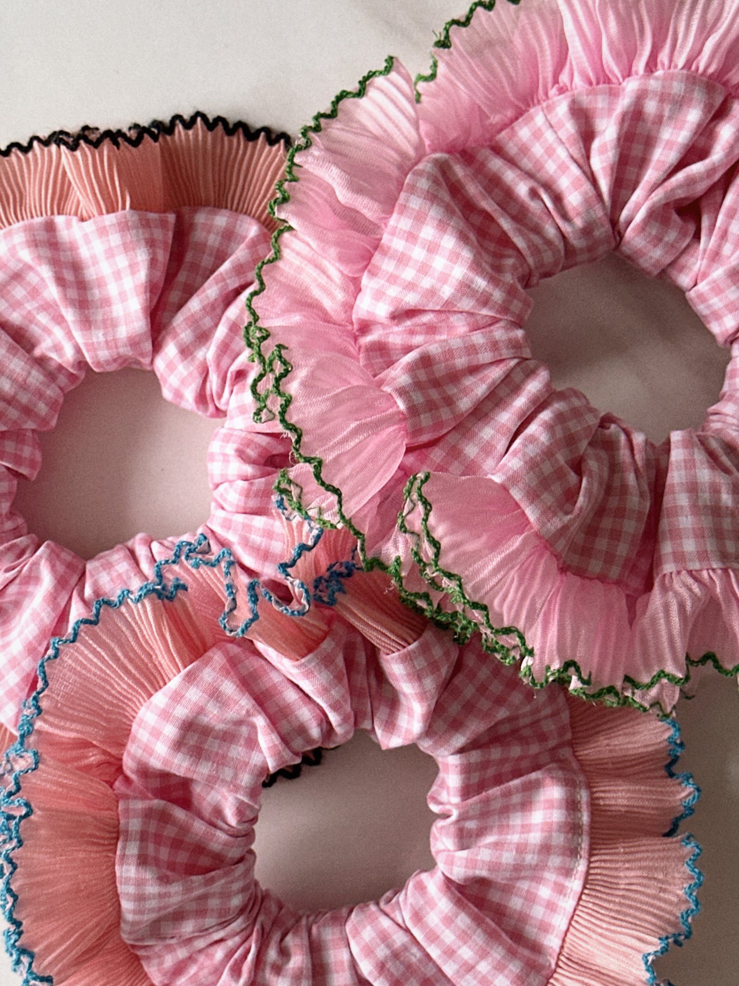 XL Pink Gingham Scrunchie with Pink and Blue Frill Trim