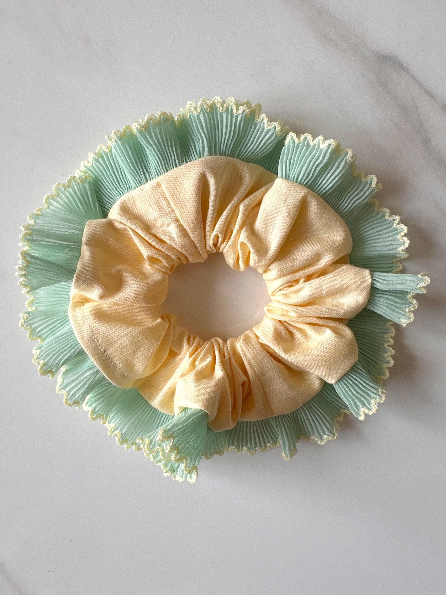 Oversized Butter Yellow Scrunchie with Mint Green Frill Trim