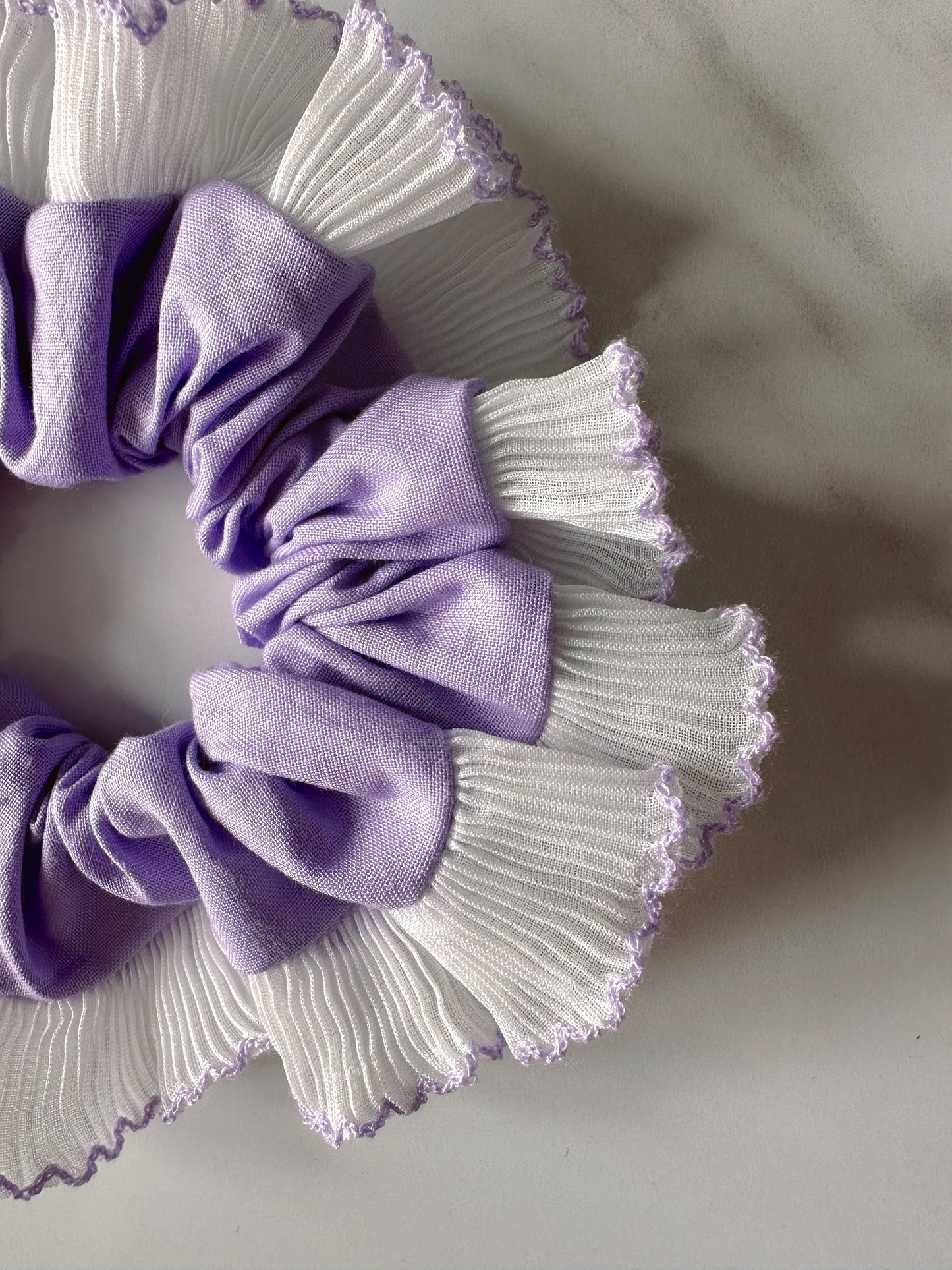 Handmade XL Lavender Purple Scrunchie with White and Purple Frill Trim