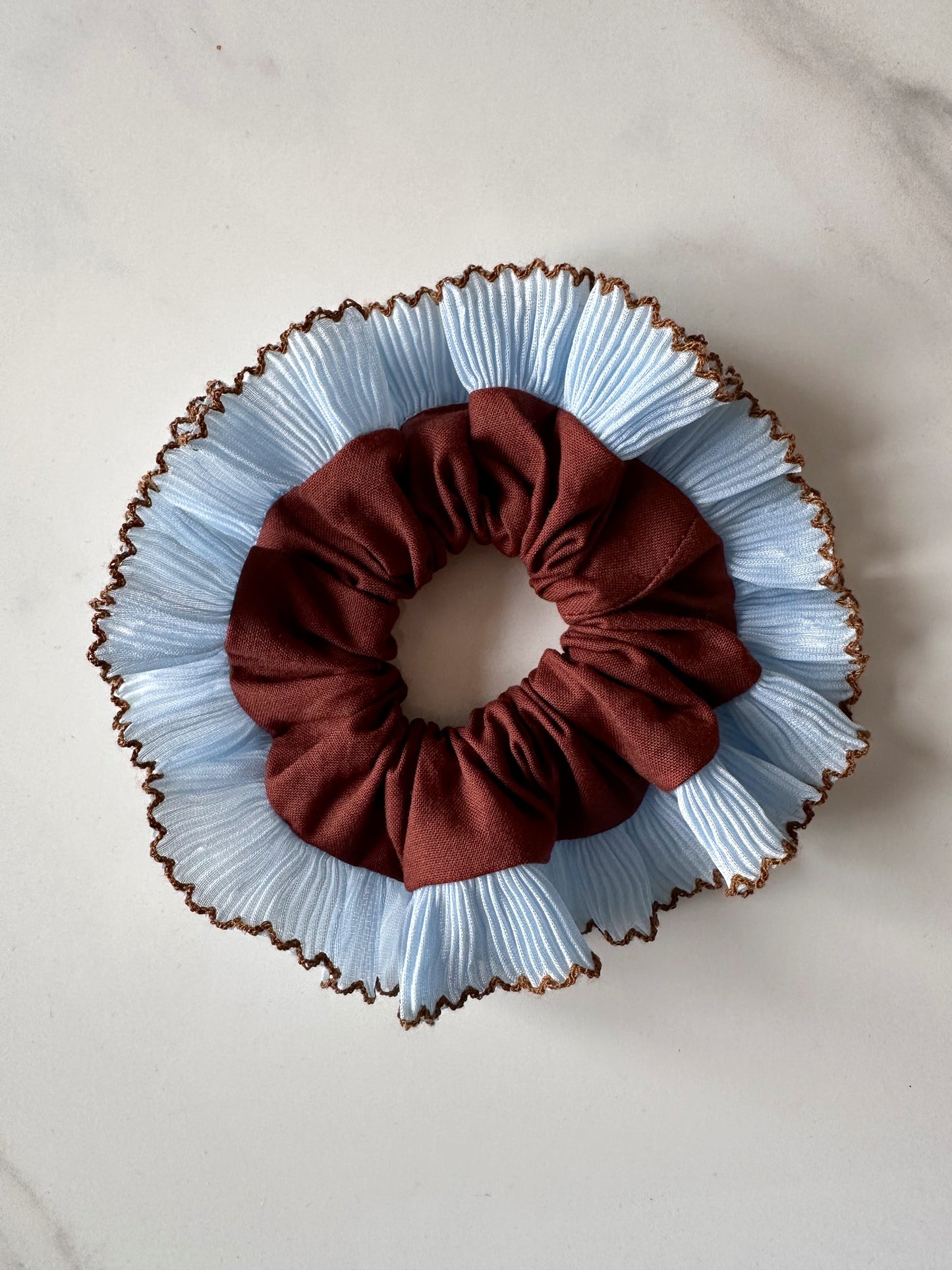 Mini Oversized Brown Scrunchie with Baby Blue Frill Trim