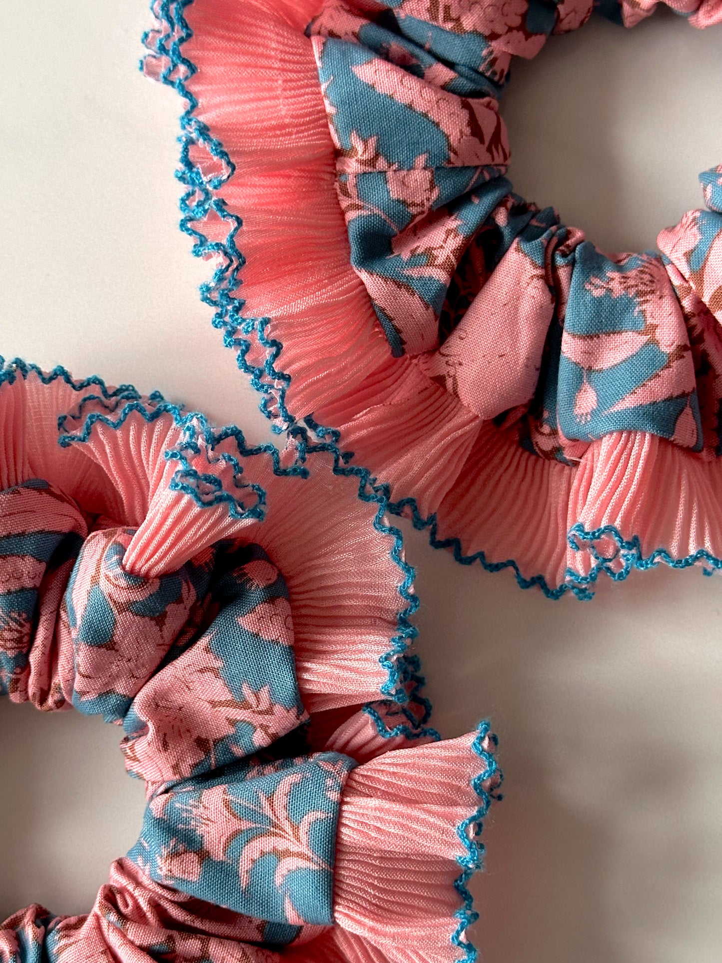 Oversized Turquoise and Pink Scrunchie with a Pink Frill Trim