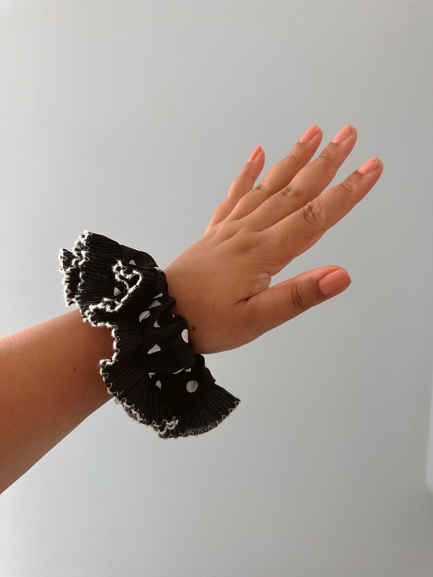 XL Black Polkadot Scrunchie with Black and White Frill Trim