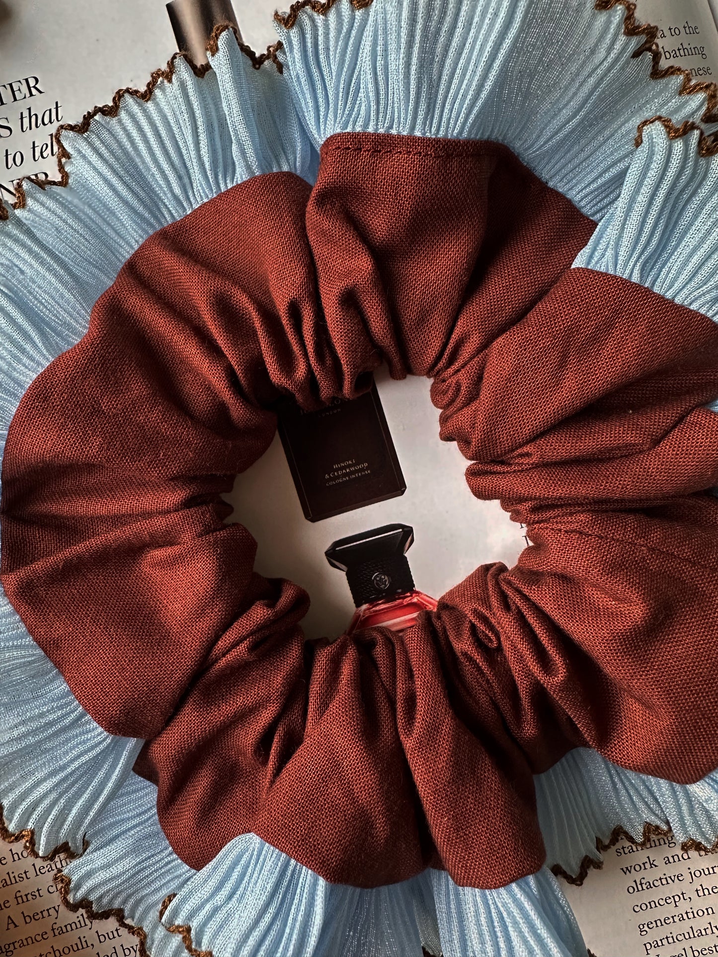 XL Chocolate Brown Scrunchie with Baby Blue Frill Trim