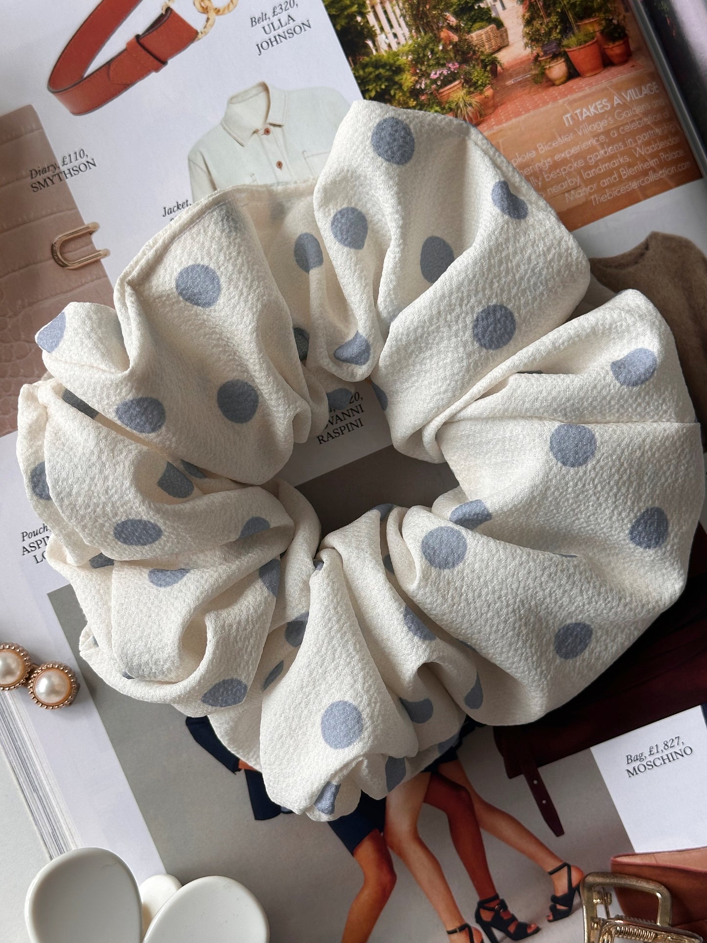 XL White and Light Blue Polkadot Scrunchie