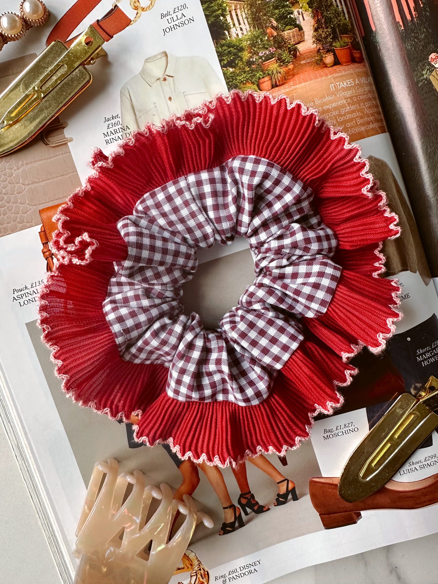 Mini Mulberry Gingham Scrunchie with Red Frill Trim