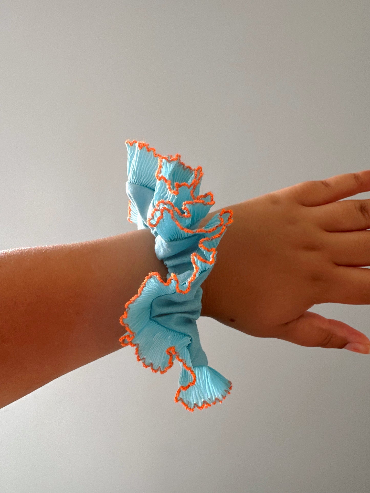 Turquoise Scrunchie with Blue and Orange Trim