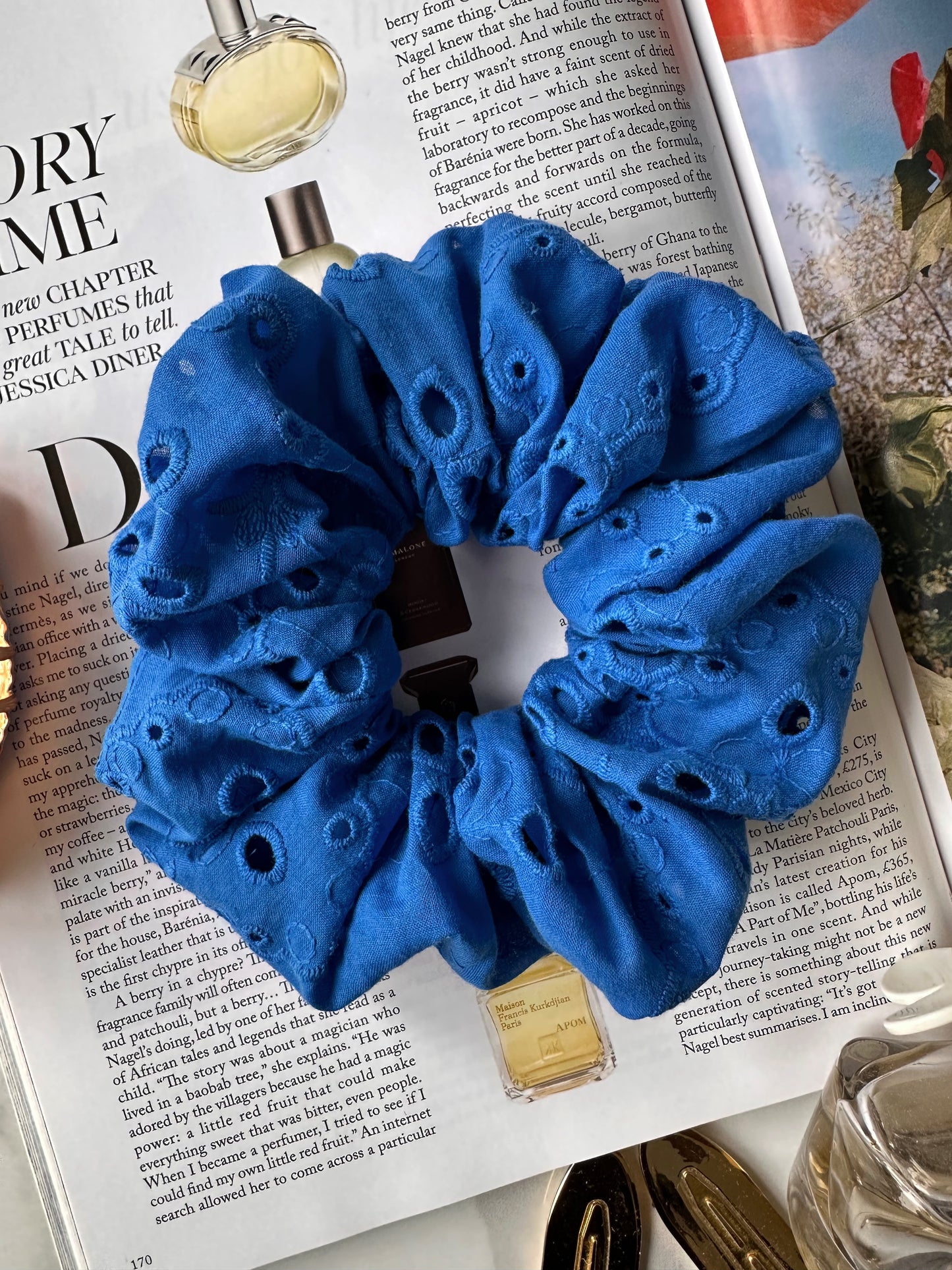 Cobalt Blue Broderie Anglaise Embroidered Scrunchie