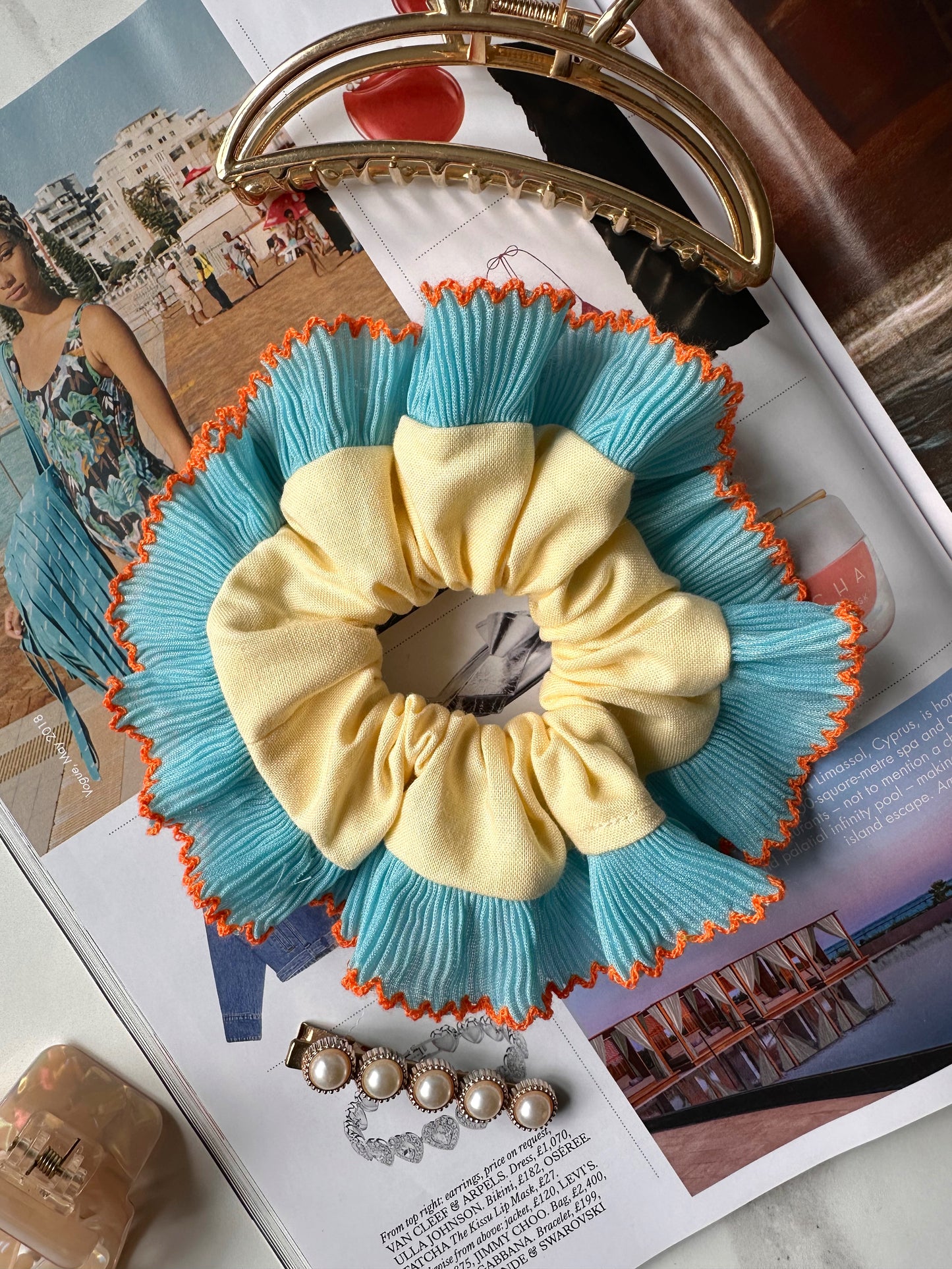 Mini Oversized Butter Yellow Scrunchie with Blue Frill Trim