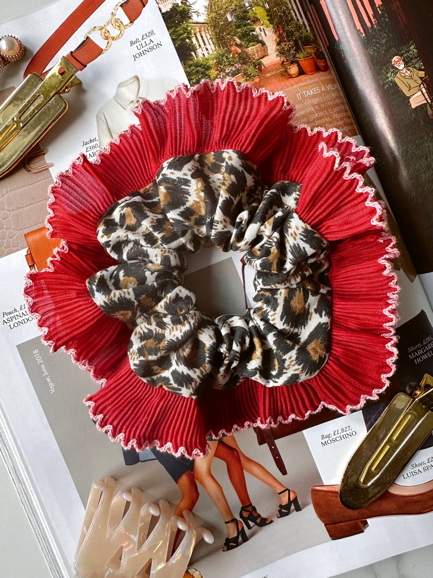 Mini Oversized Leopard Print Scrunchie with a Red Frill Trim