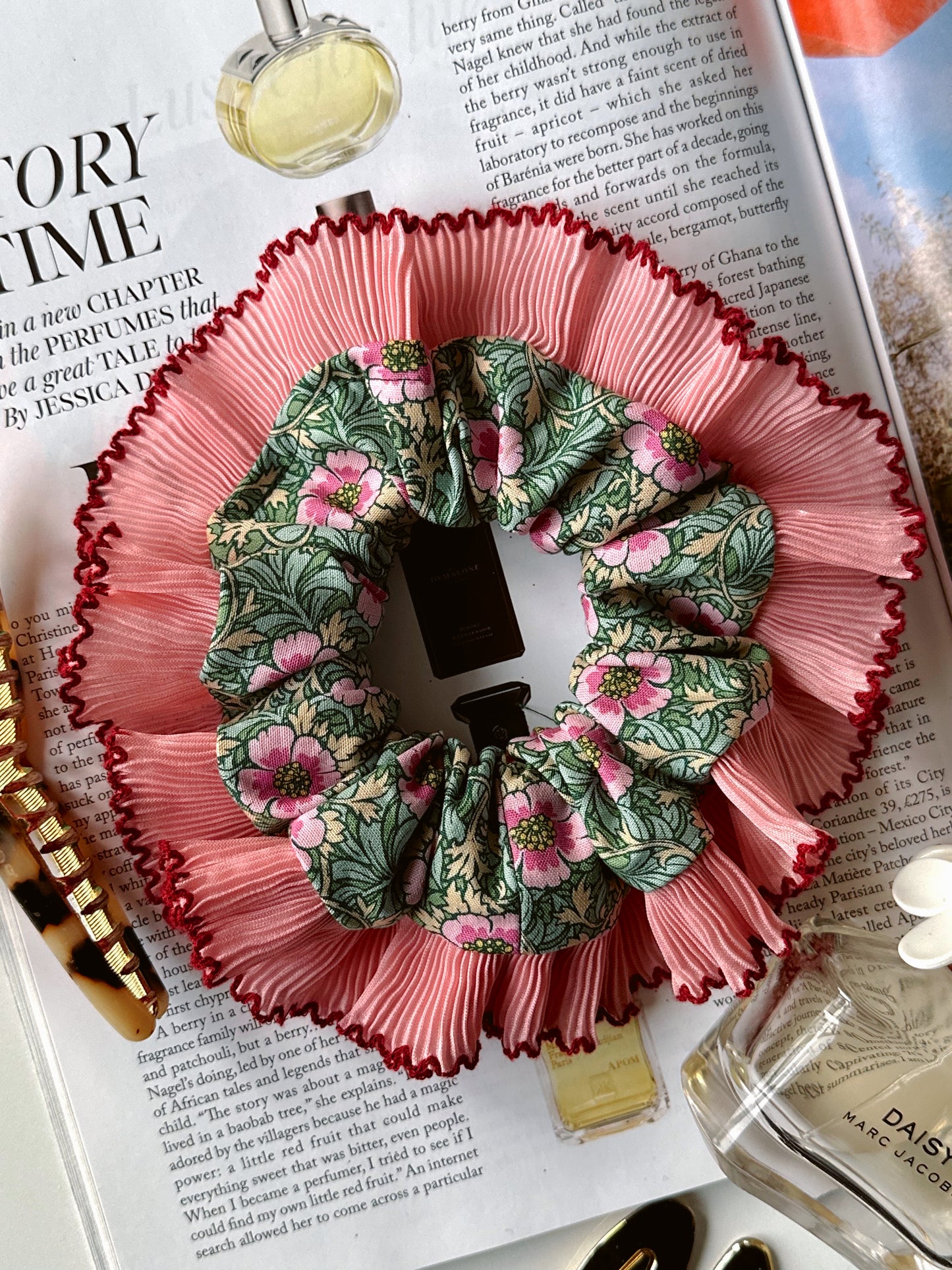 XL Floral Scrunchie with Pink and Red Frill Trim