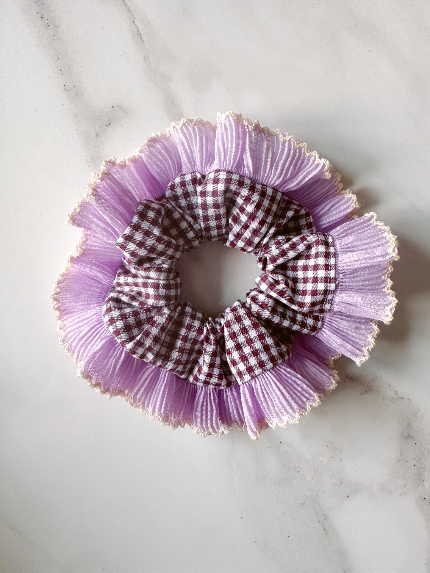 Mini Mulberry Gingham Scrunchie with Purple Frill Trim