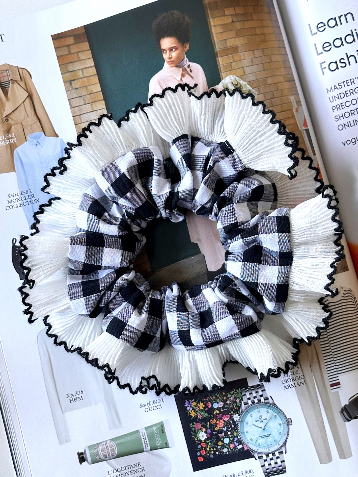 Black Gingham Scrunchie with White and Black Frill Trim
