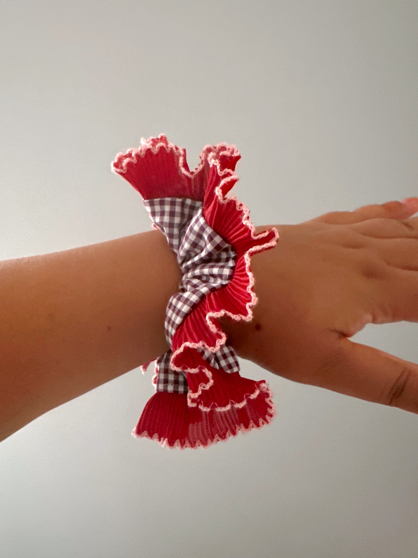 Mini Mulberry Gingham Scrunchie with Red Frill Trim