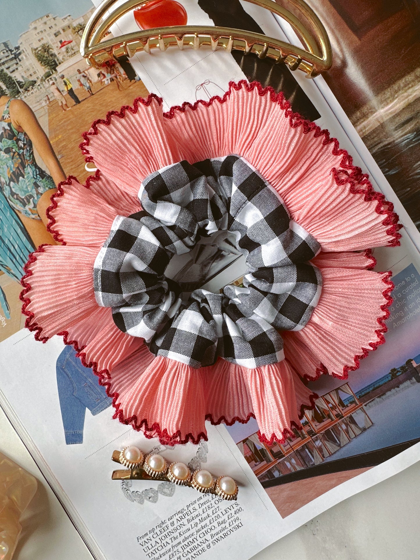 Mini Oversized Black Gingham Scrunchie with Pink Frill Trim