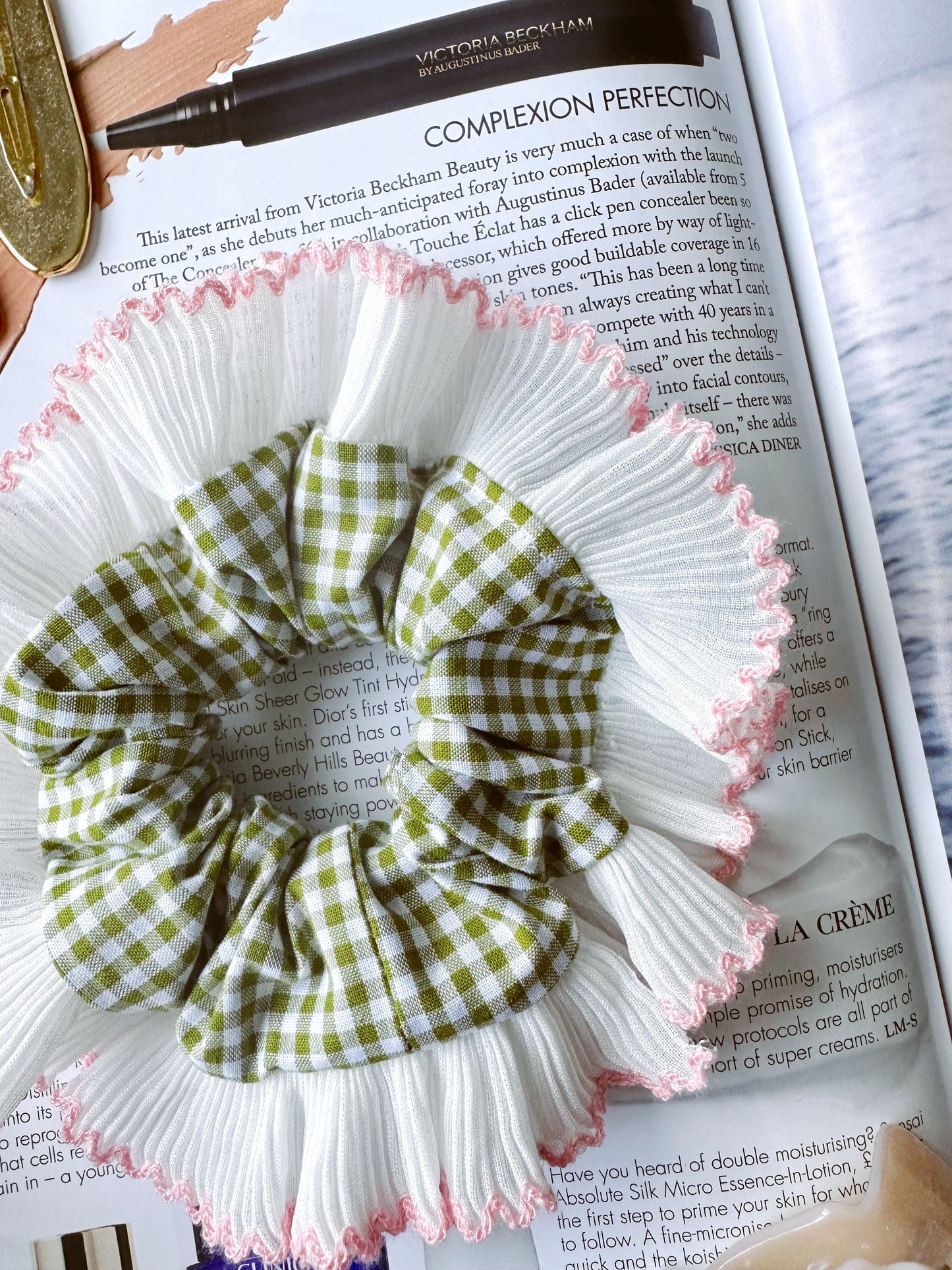 Mini Oversized Olive Green Gingham Scrunchie with White Frill Trim