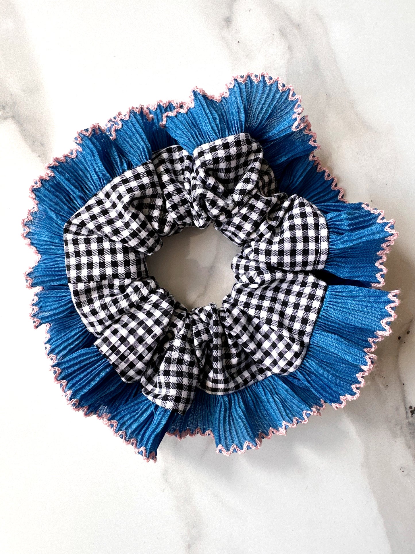 Handmade XL Black Gingham Scrunchie with Blue and Pink Frill Trim