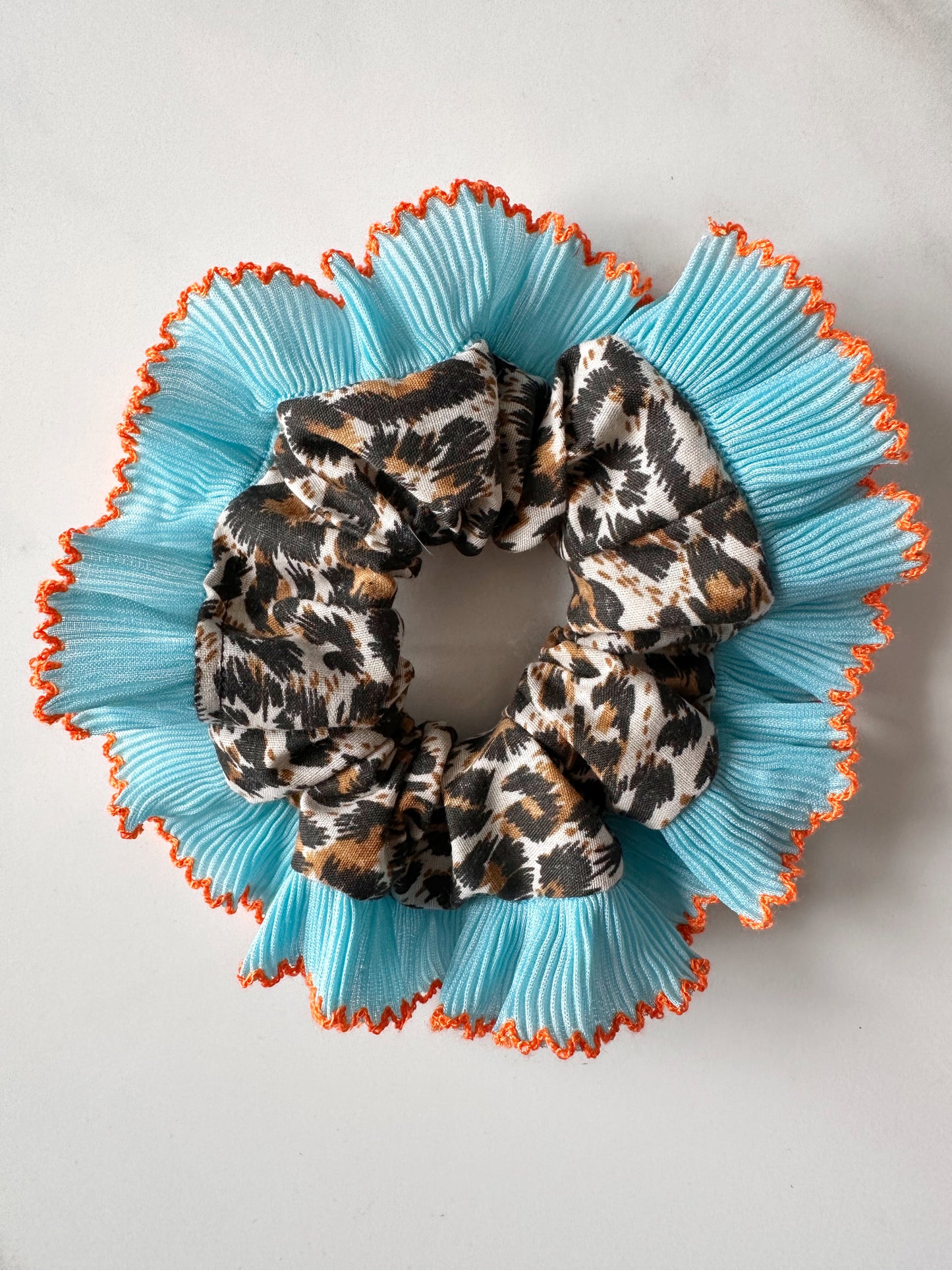 Mini Oversized Leopard Print Scrunchie with a Blue Frill Trim