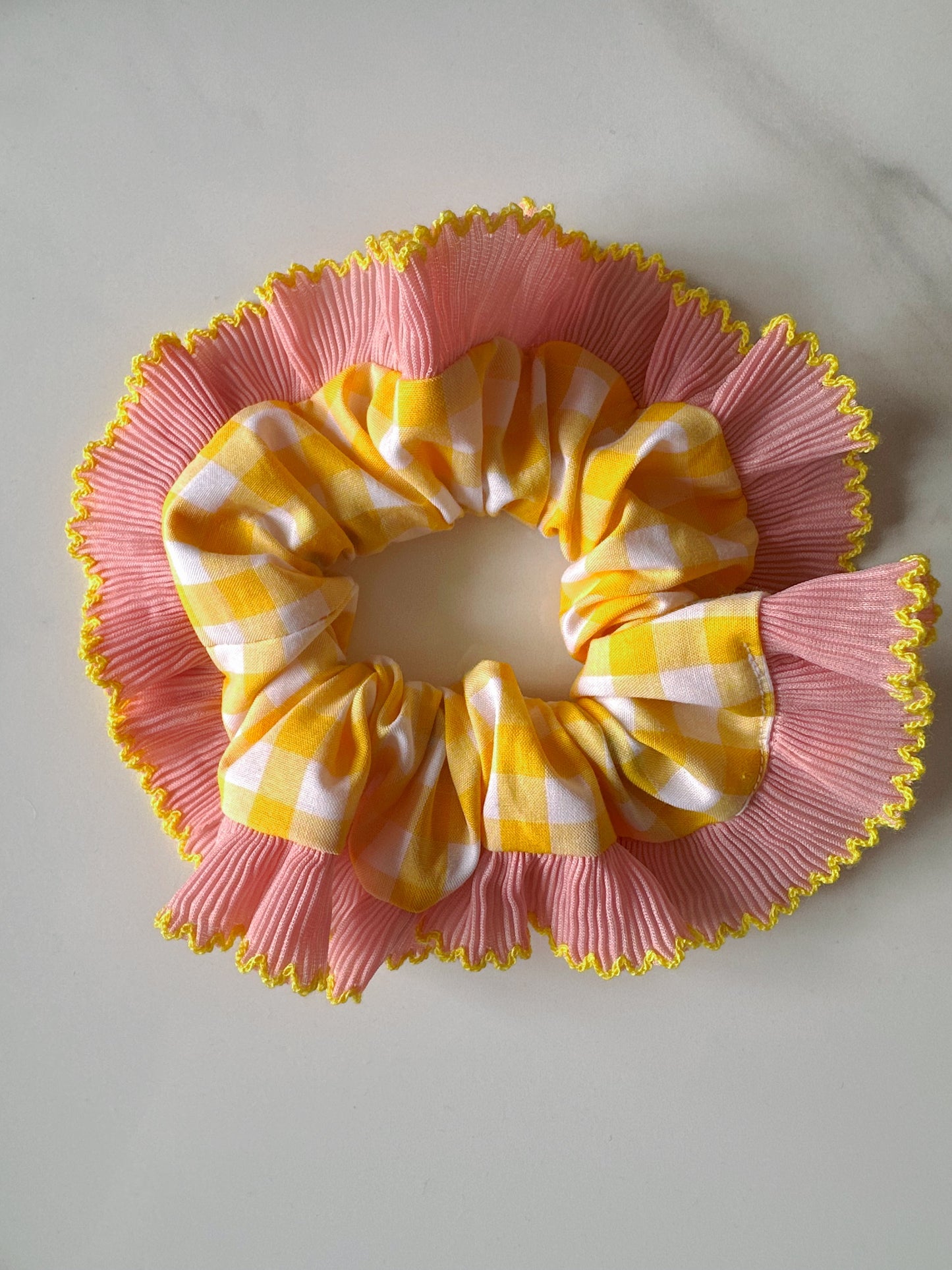 Handmade XL Yellow Gingham Scrunchie with Pink and Yellow Frill Trim