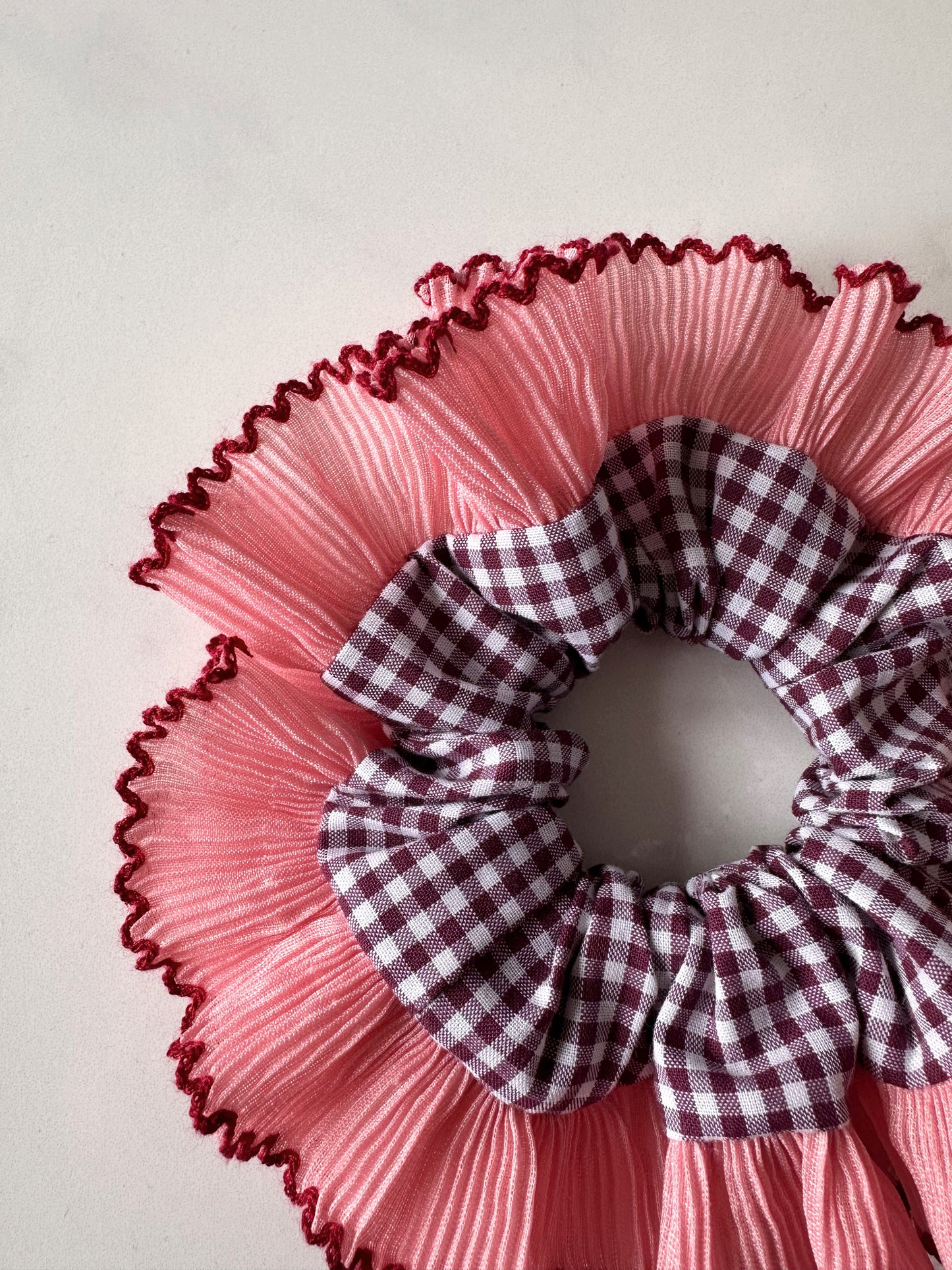 Mini Mulberry Gingham Scrunchie with Pink Frill Trim