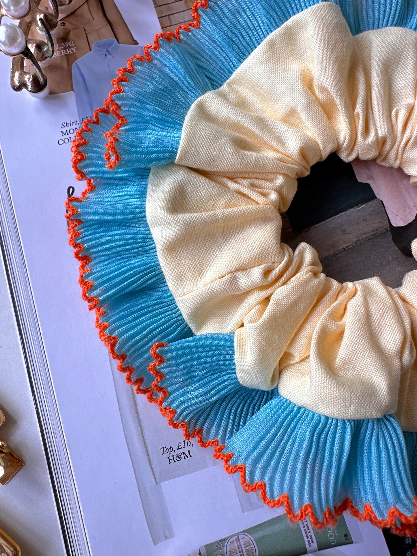 Oversized Butter Yellow Scrunchie with Blue Frill Trim
