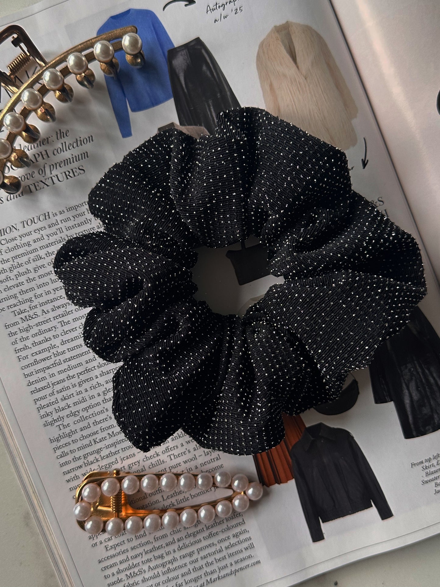 Oversized Black and Silver Scrunchie