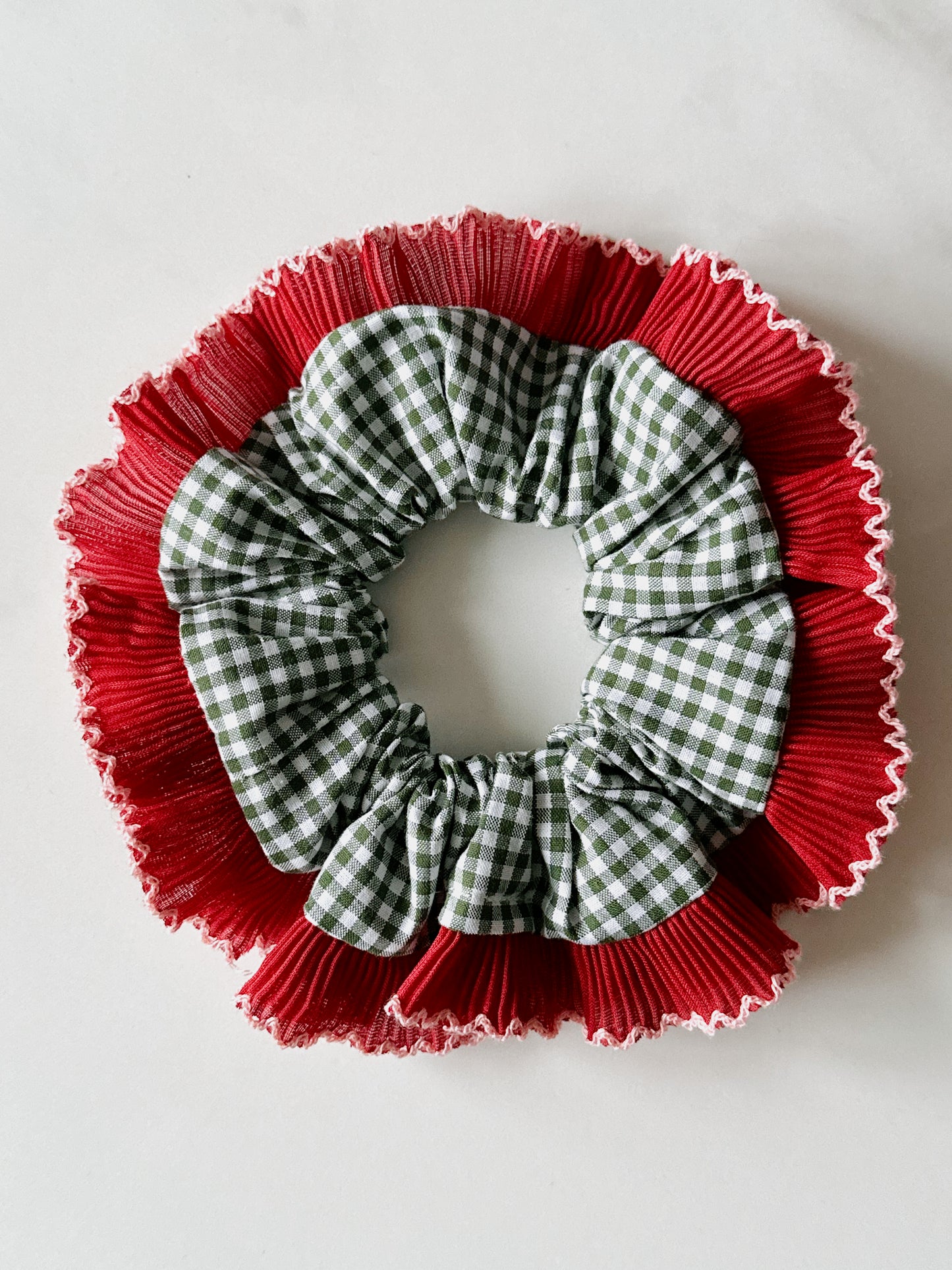 Handmade XL Dark Green Gingham Scrunchie with Red Frill Trim