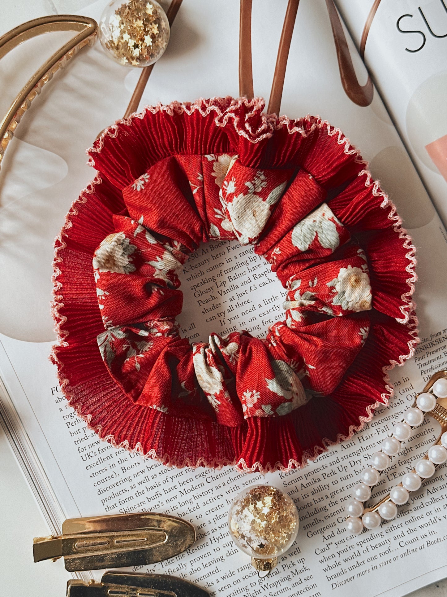 Red Floral Scrunchie with Red and Pink Frill Trim