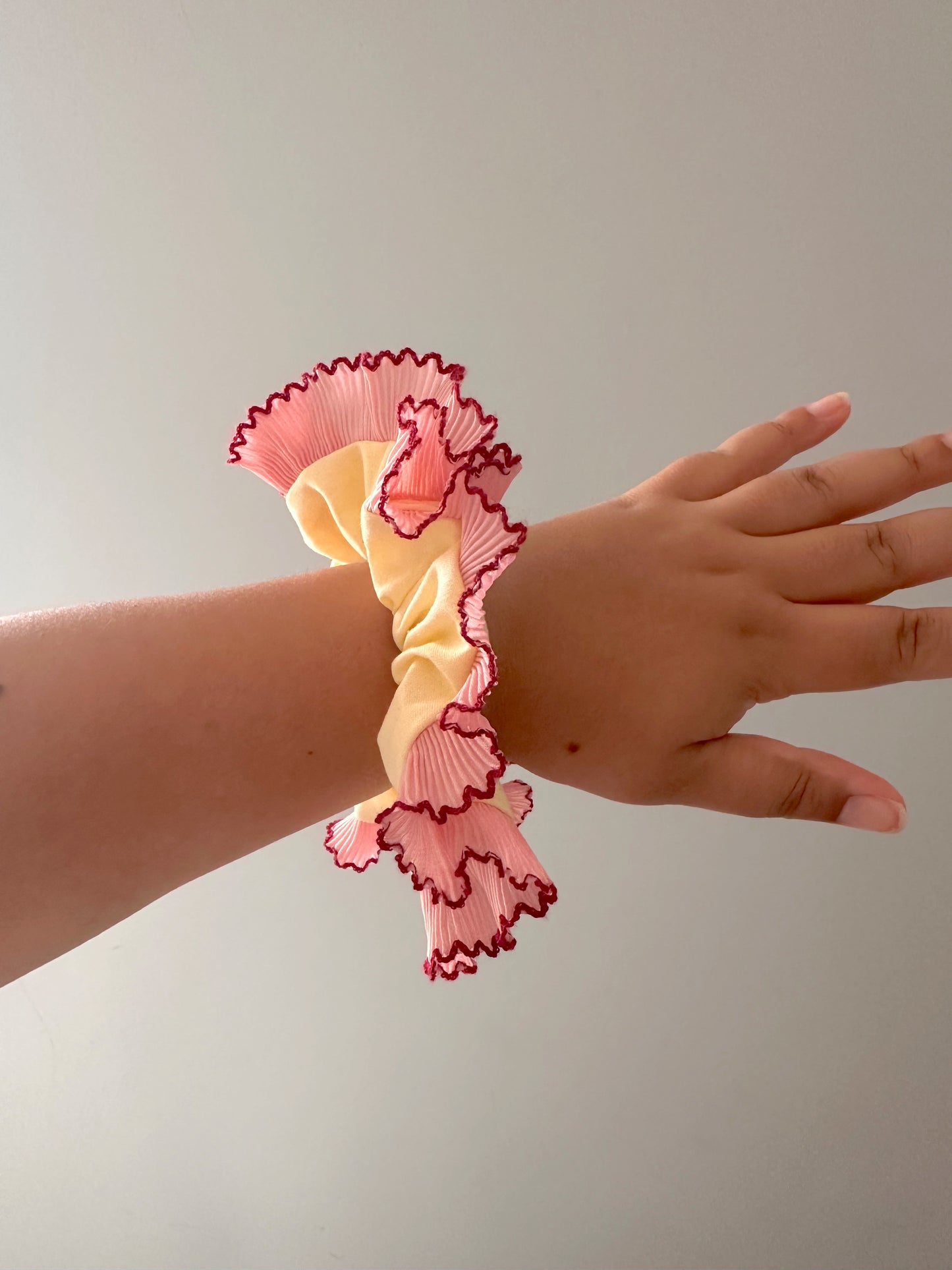 Handmade XL Butter Yellow and Pink Cotton Ruffle Scrunchie