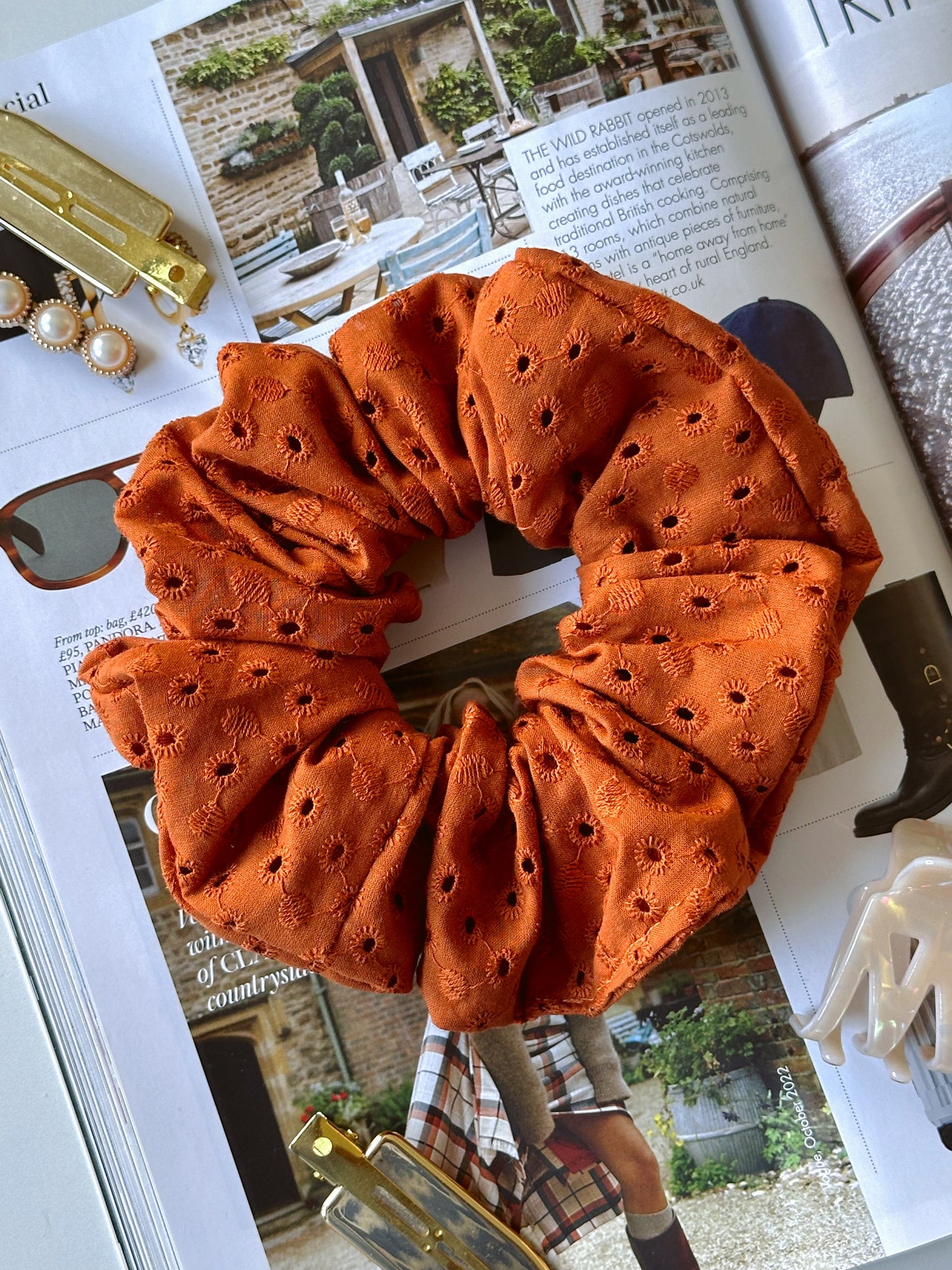 Handmade Rust Brown Embroidered Scrunchie