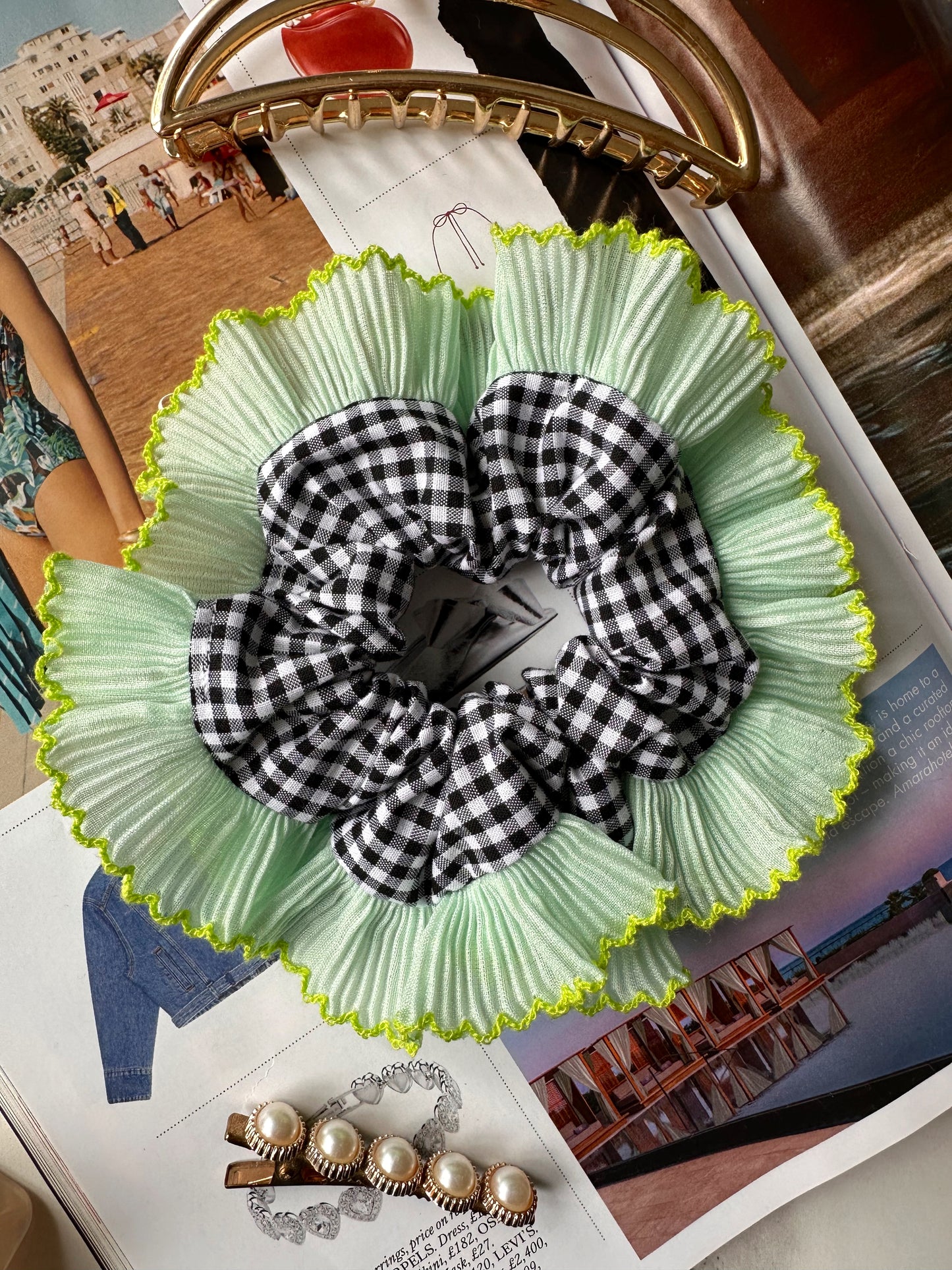 Mini Oversized Black Gingham Scrunchie with Green Frill Trim