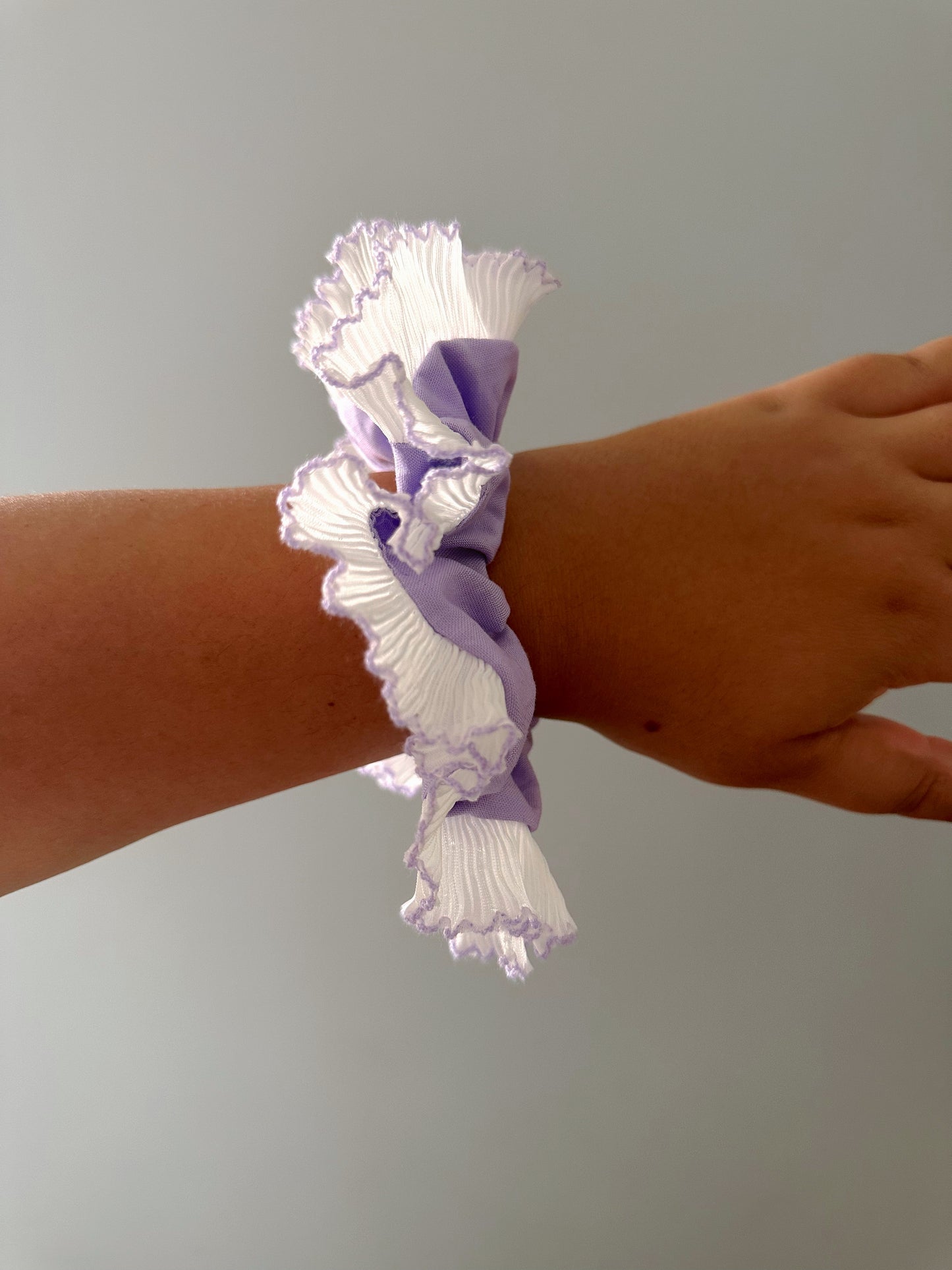 Handmade XL Lavender Purple Scrunchie with White and Purple Frill Trim