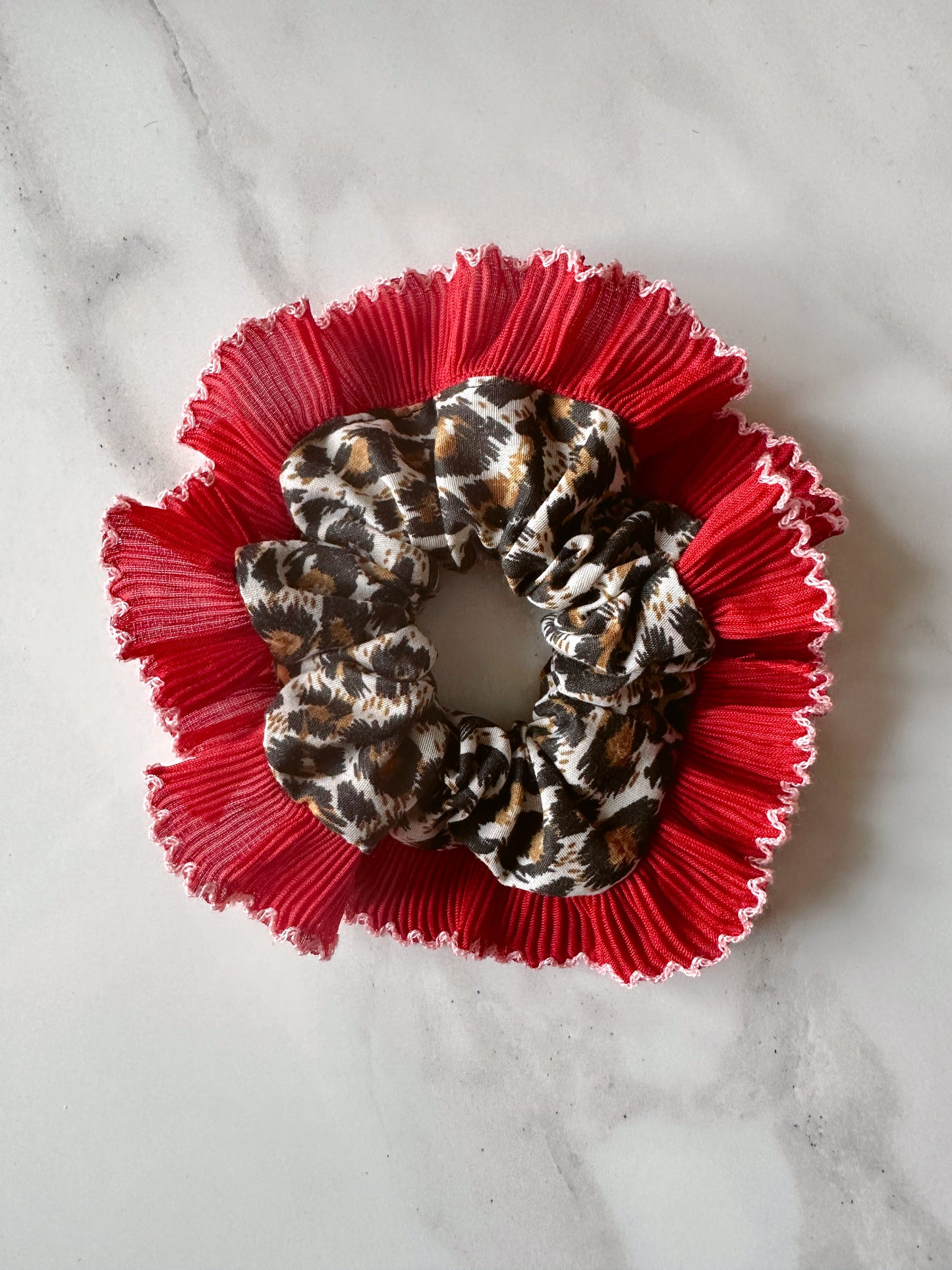 Mini Oversized Leopard Print Scrunchie with a Red Frill Trim