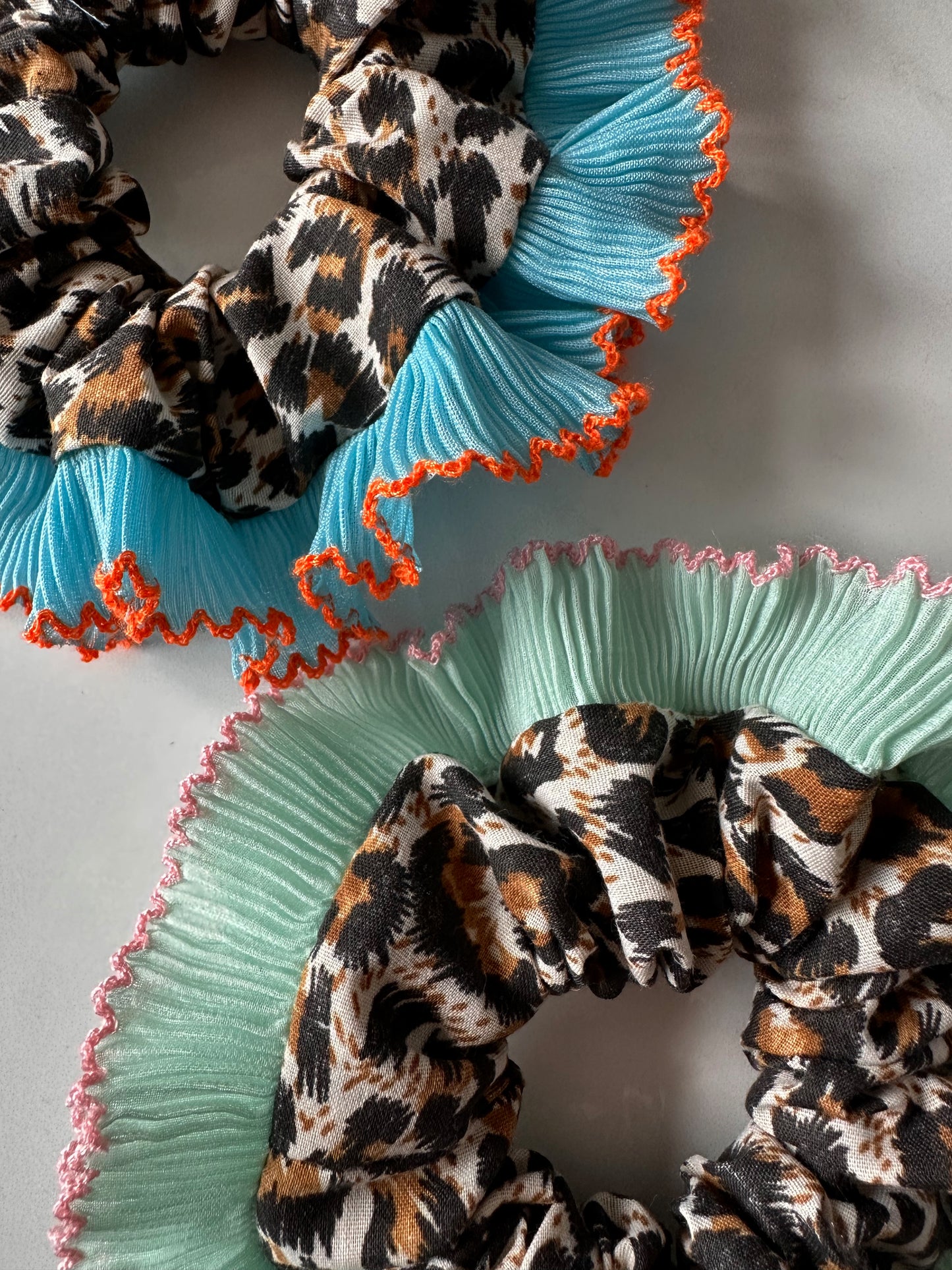 Mini Oversized Leopard Print Scrunchie with a Mint Green Frill Trim