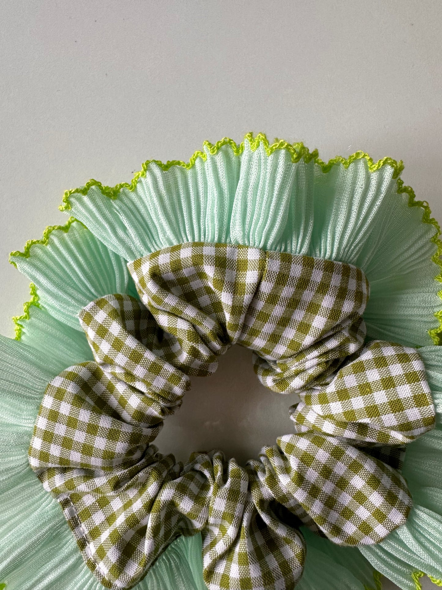 Mini Oversized Olive Green Gingham Scrunchie with Green Frill Trim