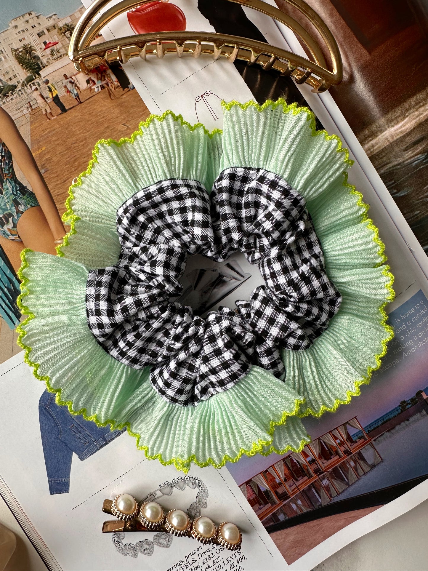 Mini Oversized Black Gingham Scrunchie with Green Frill Trim