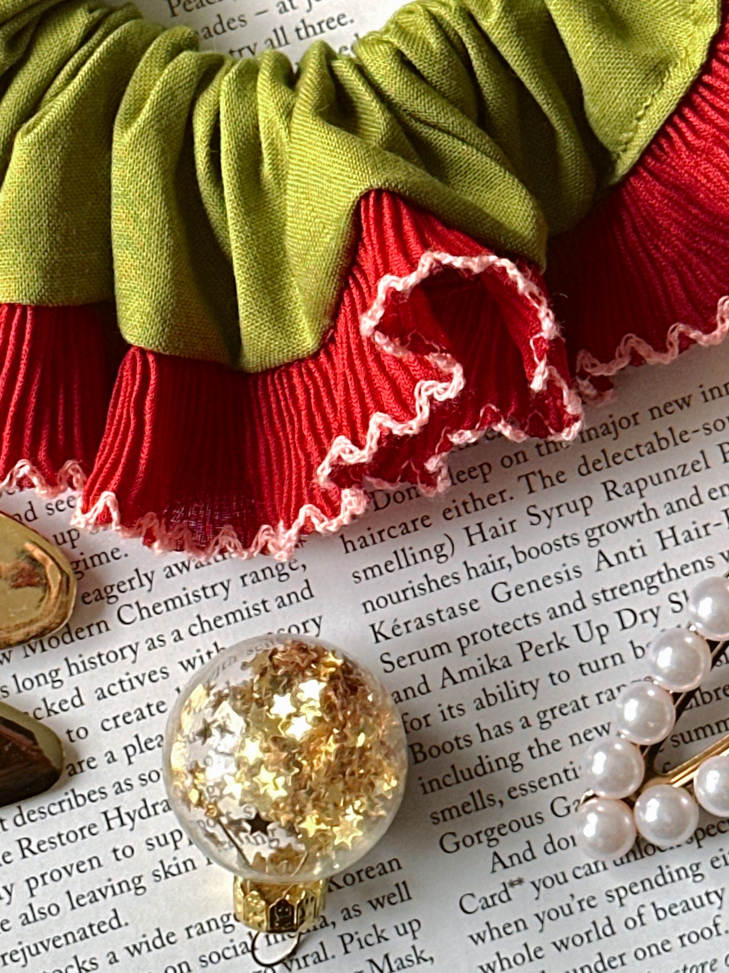 Handmade XL Olive Green Scrunchie with Red Frill Trim