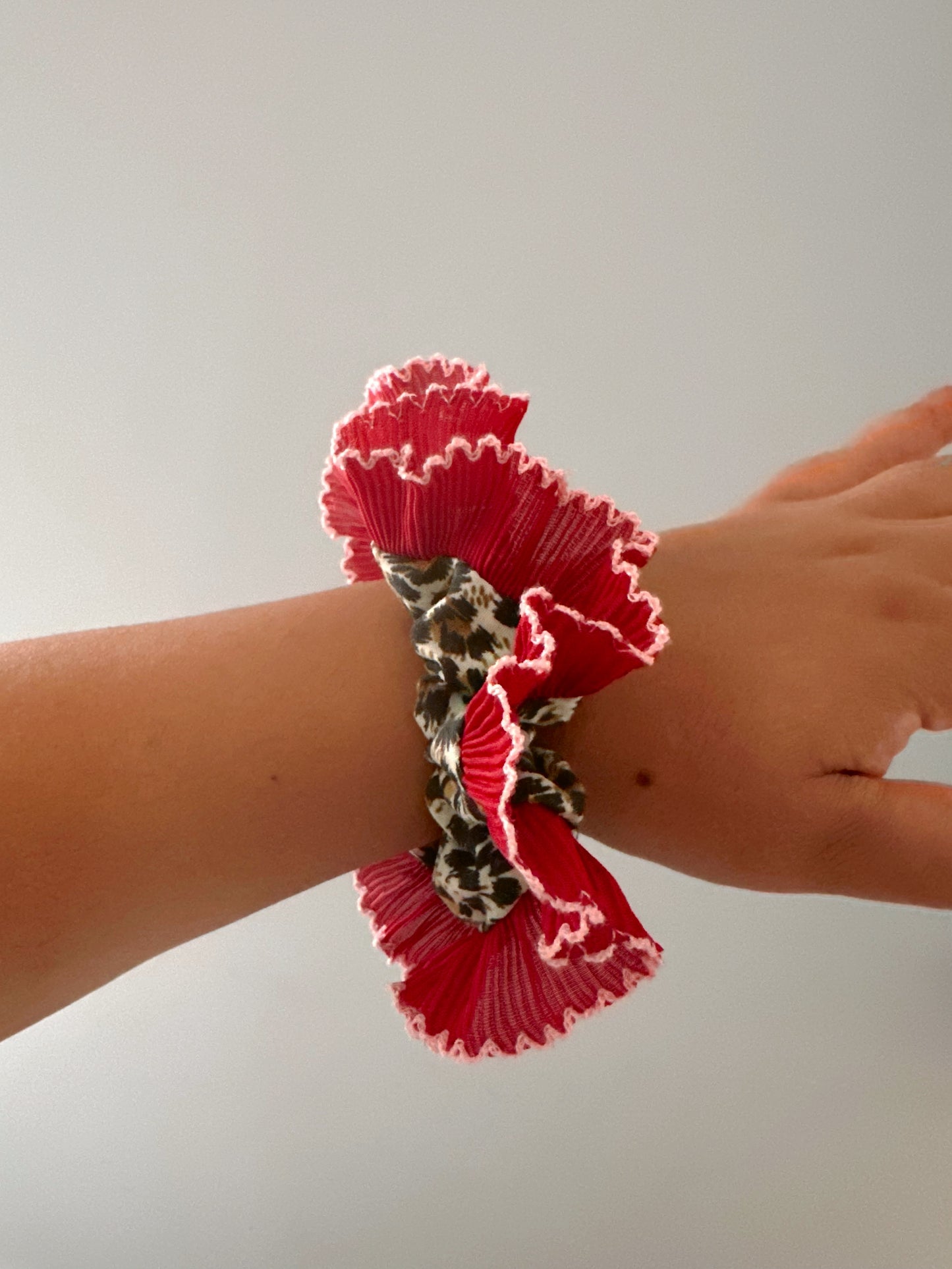 Mini Oversized Leopard Print Scrunchie with a Red Frill Trim