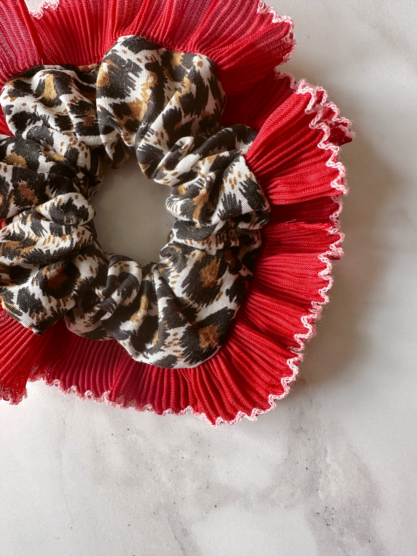 Mini Oversized Leopard Print Scrunchie with a Red Frill Trim