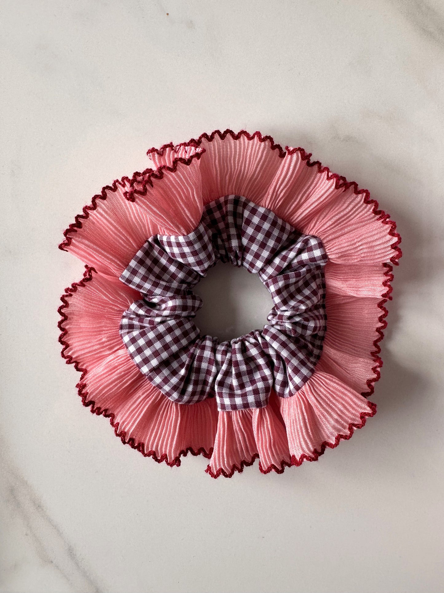 Mini Mulberry Gingham Scrunchie with Pink Frill Trim